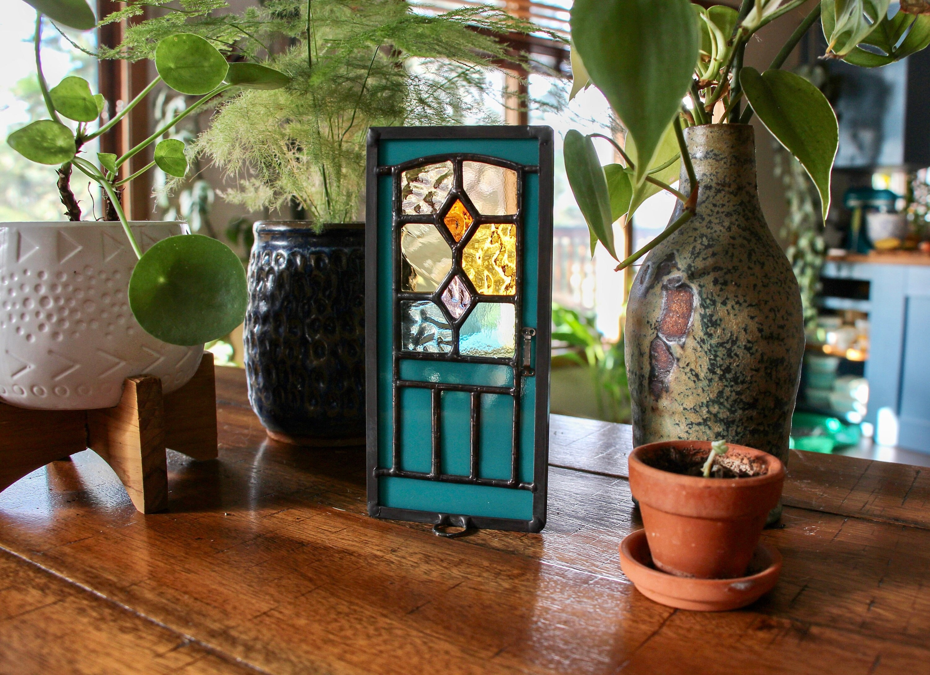 Miniature Stained Glass Door Suncatcher - Standing Window Art for Home Decor Miniature Stained Glass Door Suncatcher - Standing Window Art for Home Decor