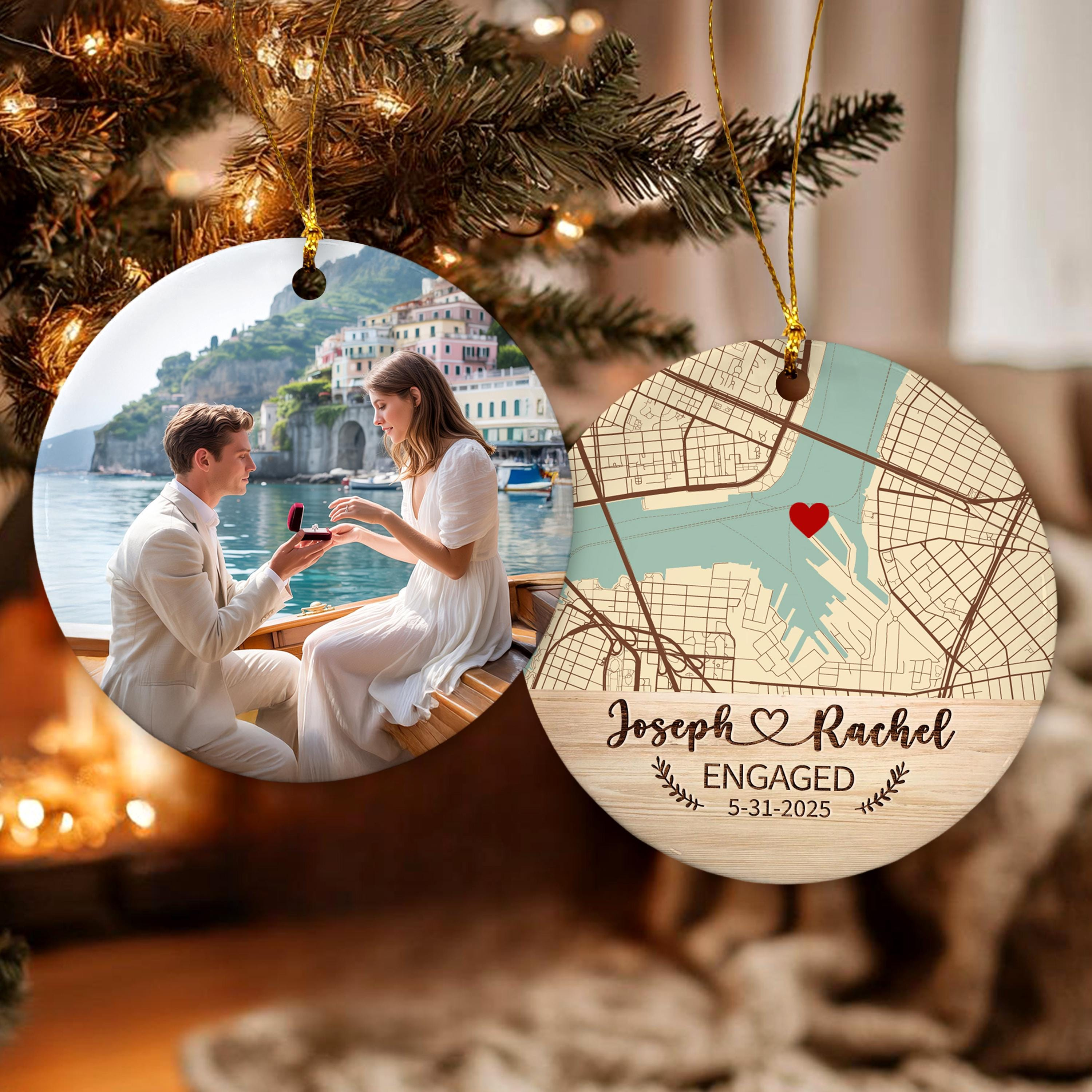 Custom Engagement Photo Ornament, Personalized Map Keepsake for Couple Custom Engagement Photo Ornament, Personalized Map Keepsake for Couple