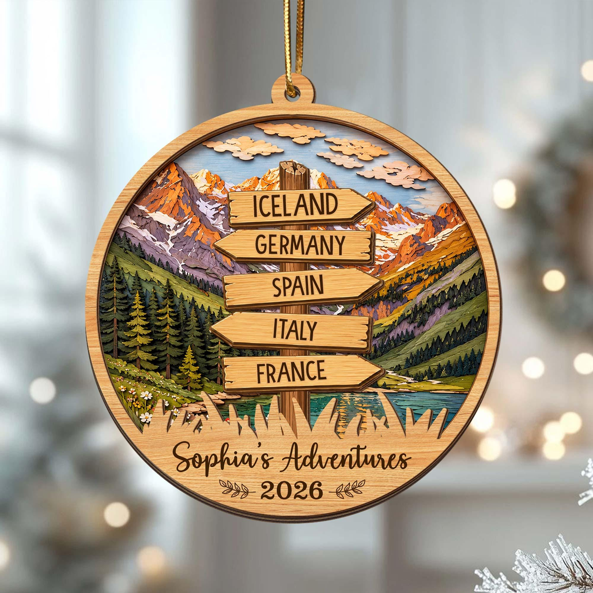 Personalized Travel Adventure Ornament - Custom UV Printed Family Christmas Tree Decoration