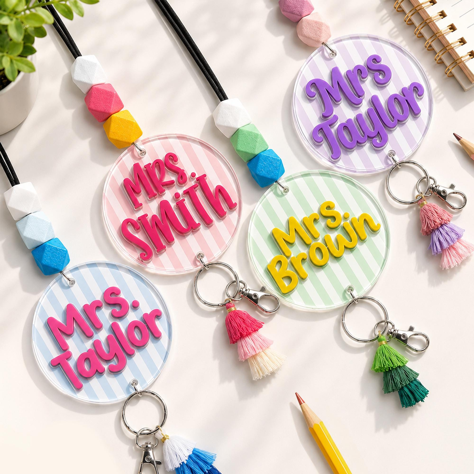 Personalized Teacher ID Badge with Beaded Lanyard and Tassel, Custom Name Badge Holder Personalized Teacher ID Badge with Beaded Lanyard and Tassel, Custom Name Badge Holder