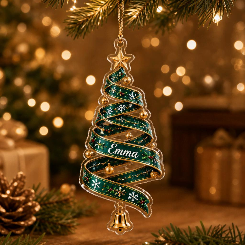 Personalized Ribbon Christmas Tree Ornament - Custom Name 2D Acrylic Holiday Keepsake