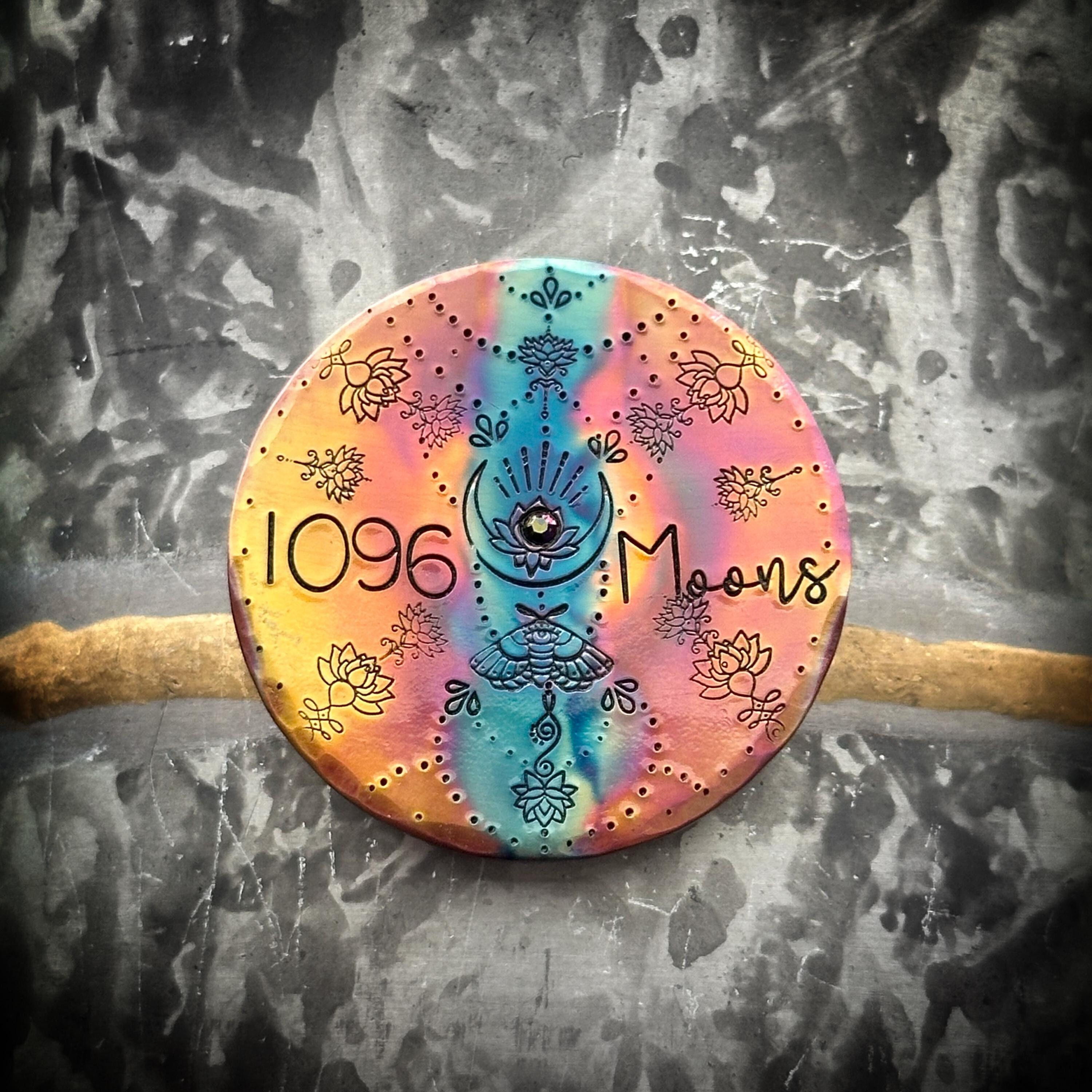 Personalized Handmade Sobciety Coin - Custom Copper Recovery Token with Crystal & Moon Count, Anniversary Chip/Medallion