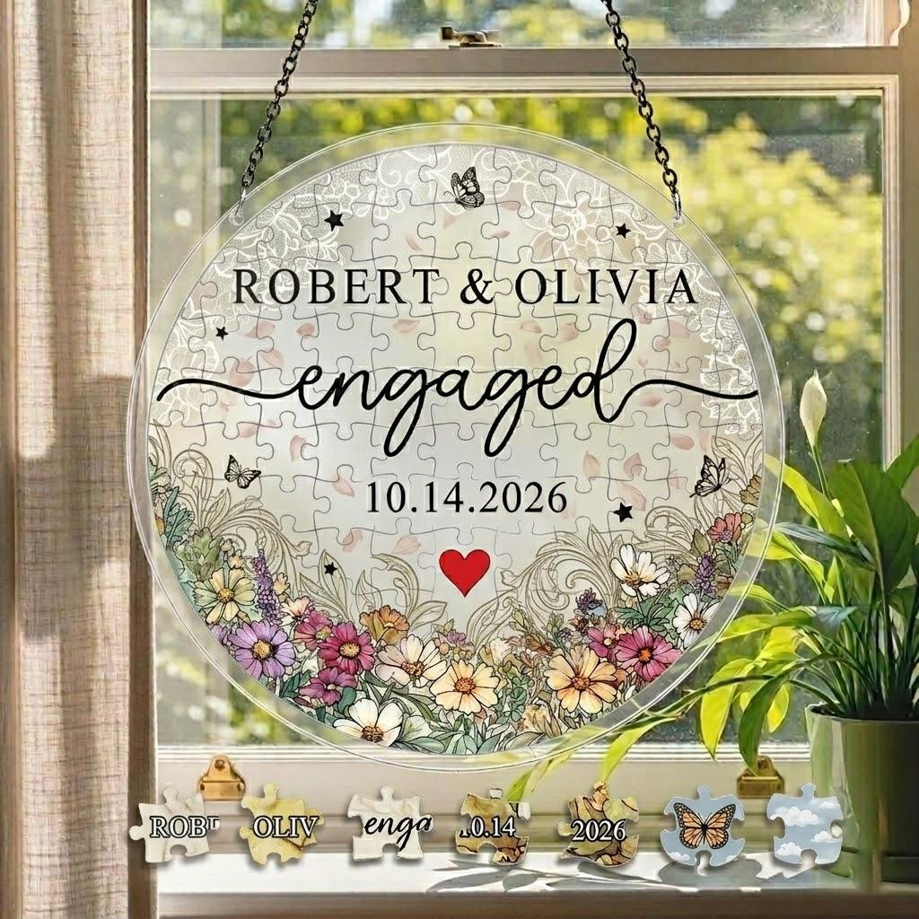 Engaged Couple Suncatcher Puzzle, Personalized Acrylic DIY Kit, Custom Name Window Hanging, Engagement Gift for Bride Engaged Couple Suncatcher Puzzle, Personalized Acrylic DIY Kit, Custom Name Window Hanging, Engagement Gift for Bride