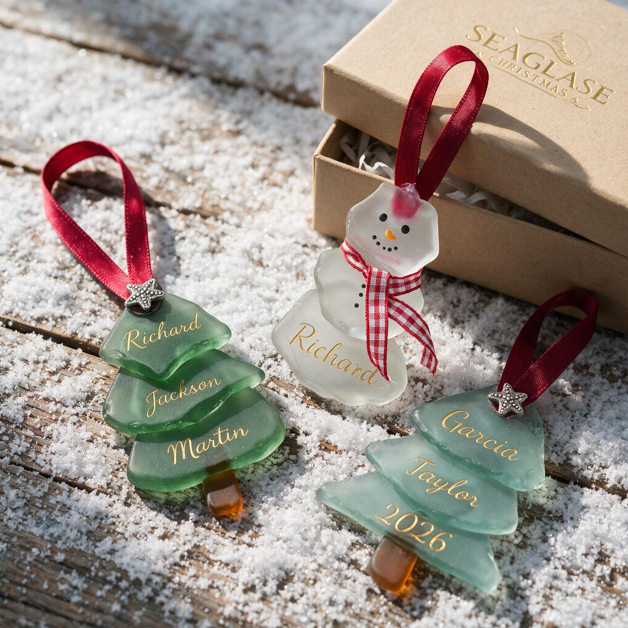 Custom Sea Glass Ornament 2026 Christmas Gift, Personalized Family Memory With Engraved Name Text