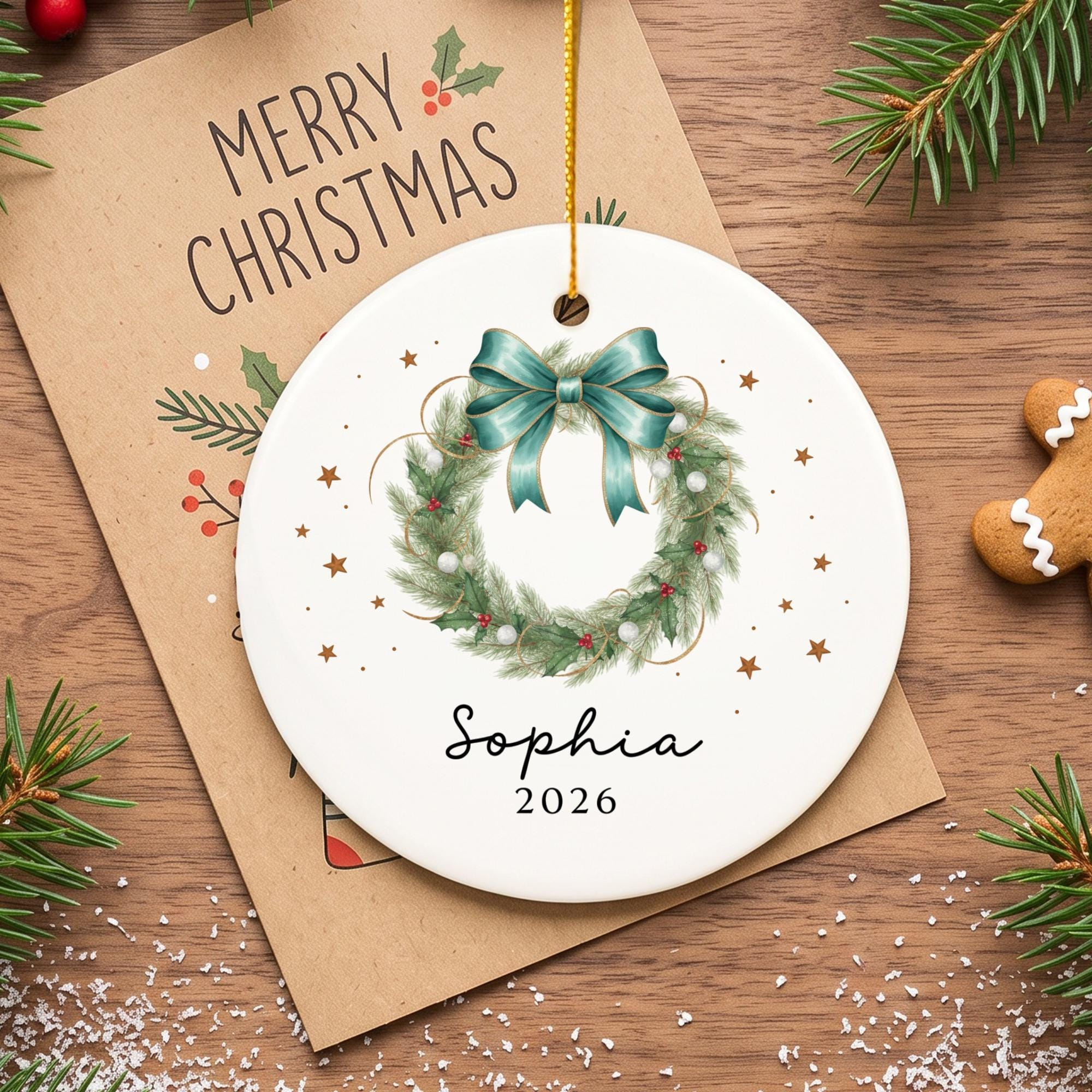 Personalized Ceramic Christmas Wreath Ornament with Custom Name and Year - Tree Hanging Holiday Keepsake