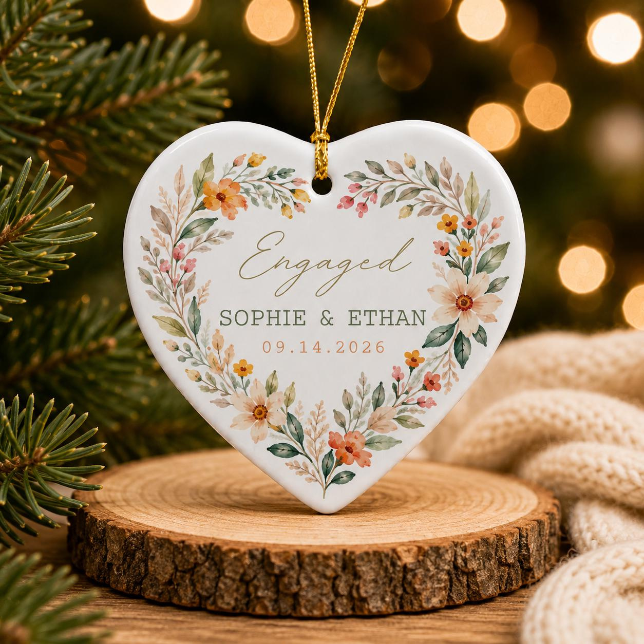 Personalized Engagement Heart Ceramic Ornament, Custom Couple Names and Date, Floral Engagement Keepsake Gift 4 - MeasureMason Personalized Engagement Heart Ceramic Ornament, Custom Couple Names and Date, Floral Engagement Keepsake Gift 4