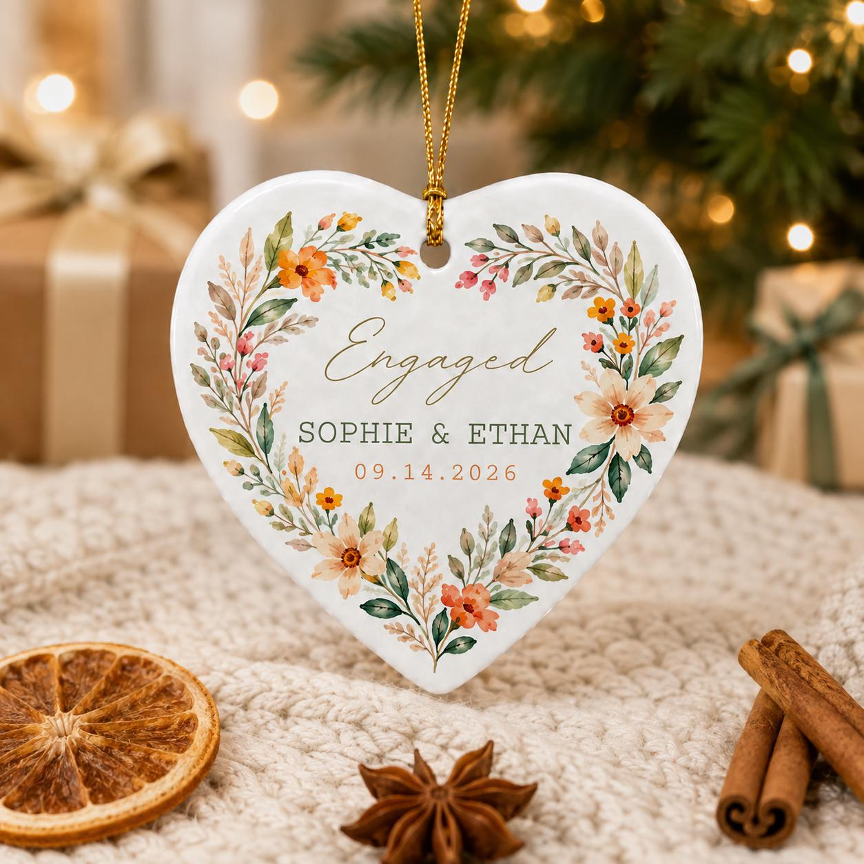 Personalized Engagement Heart Ceramic Ornament, Custom Couple Names and Date, Floral Engagement Keepsake Gift 2 - MeasureMason Personalized Engagement Heart Ceramic Ornament, Custom Couple Names and Date, Floral Engagement Keepsake Gift 2