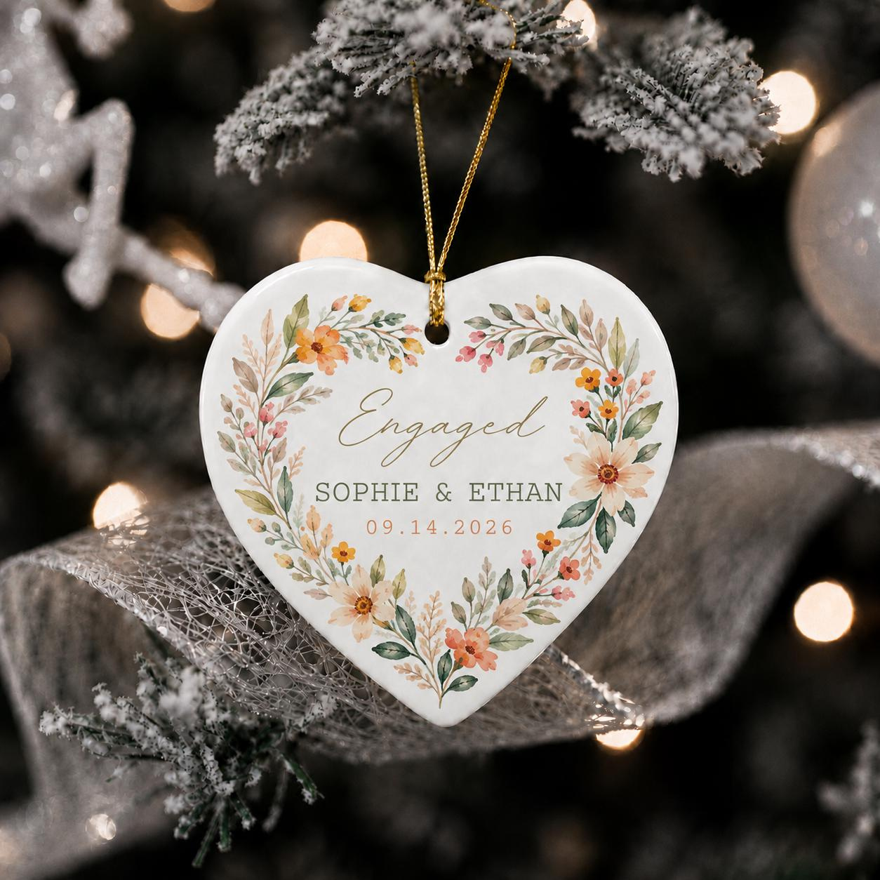 Personalized Engagement Heart Ceramic Ornament, Custom Couple Names and Date, Floral Engagement Keepsake Gift 1 - MeasureMason Personalized Engagement Heart Ceramic Ornament, Custom Couple Names and Date, Floral Engagement Keepsake Gift 1