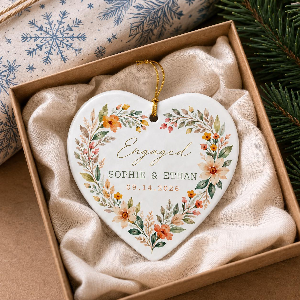 Personalized Engagement Heart Ceramic Ornament, Custom Couple Names and Date, Floral Engagement Keepsake Gift 3 - MeasureMason Personalized Engagement Heart Ceramic Ornament, Custom Couple Names and Date, Floral Engagement Keepsake Gift 3