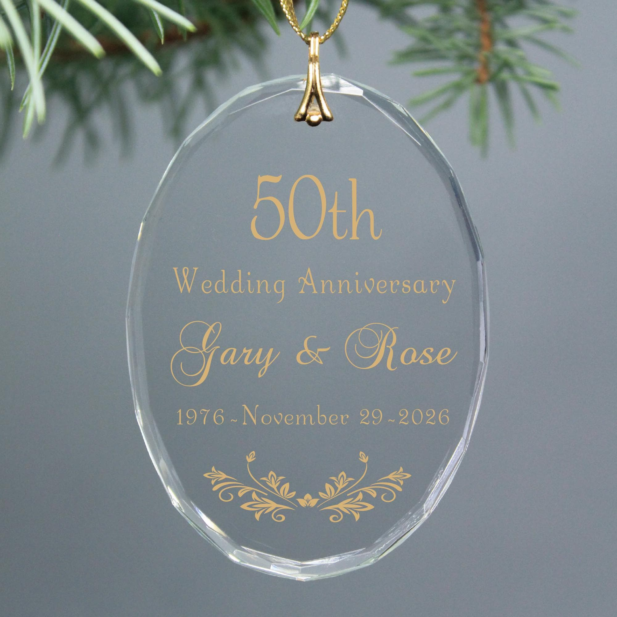 Gold 50th Wedding Anniversary Personalized Crystal Glass Christmas Ornament - Engraved Metallic Gold - Oval Gold 50th Wedding Anniversary Personalized Crystal Glass Christmas Ornament - Engraved Metallic Gold - Oval