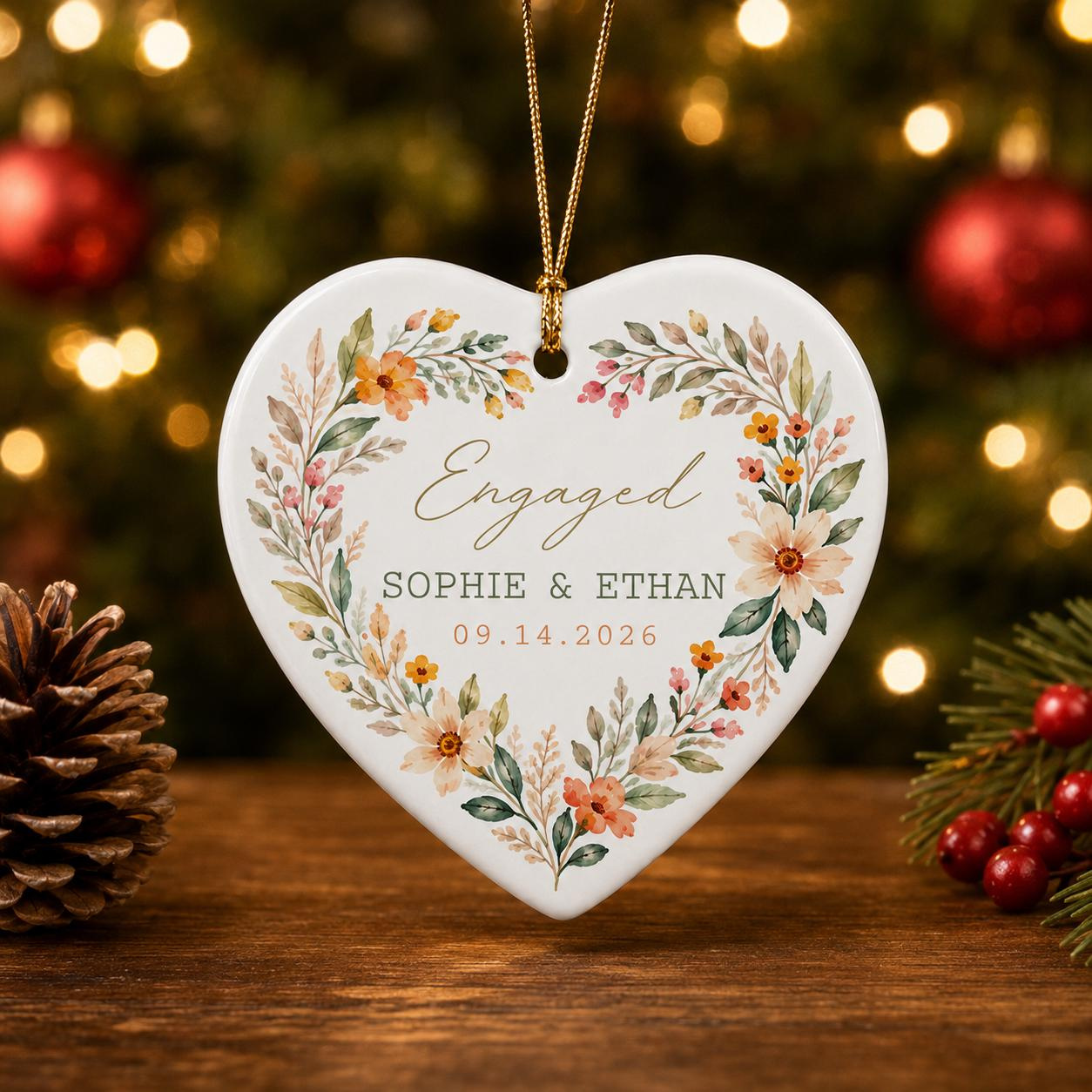 Personalized Engagement Heart Ceramic Ornament, Custom Couple Names and Date, Floral Engagement Keepsake Gift