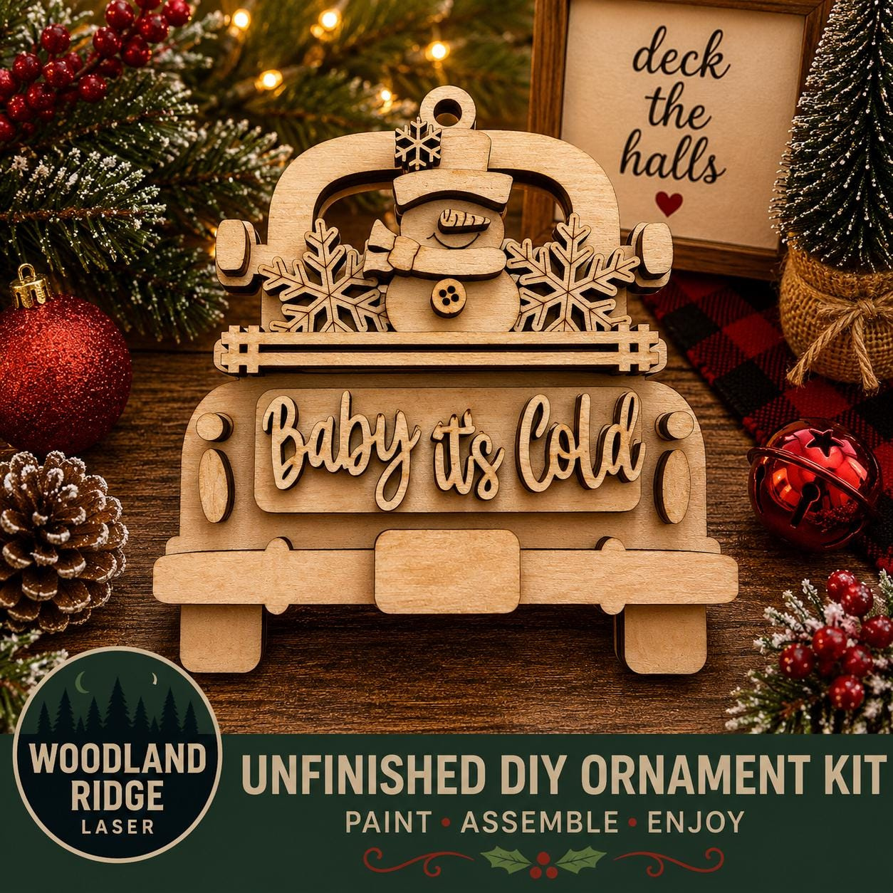 DIY Laser-Cut Wood Snowman in Vintage Truck Christmas Ornament Kit DIY Laser-Cut Wood Snowman in Vintage Truck Christmas Ornament Kit