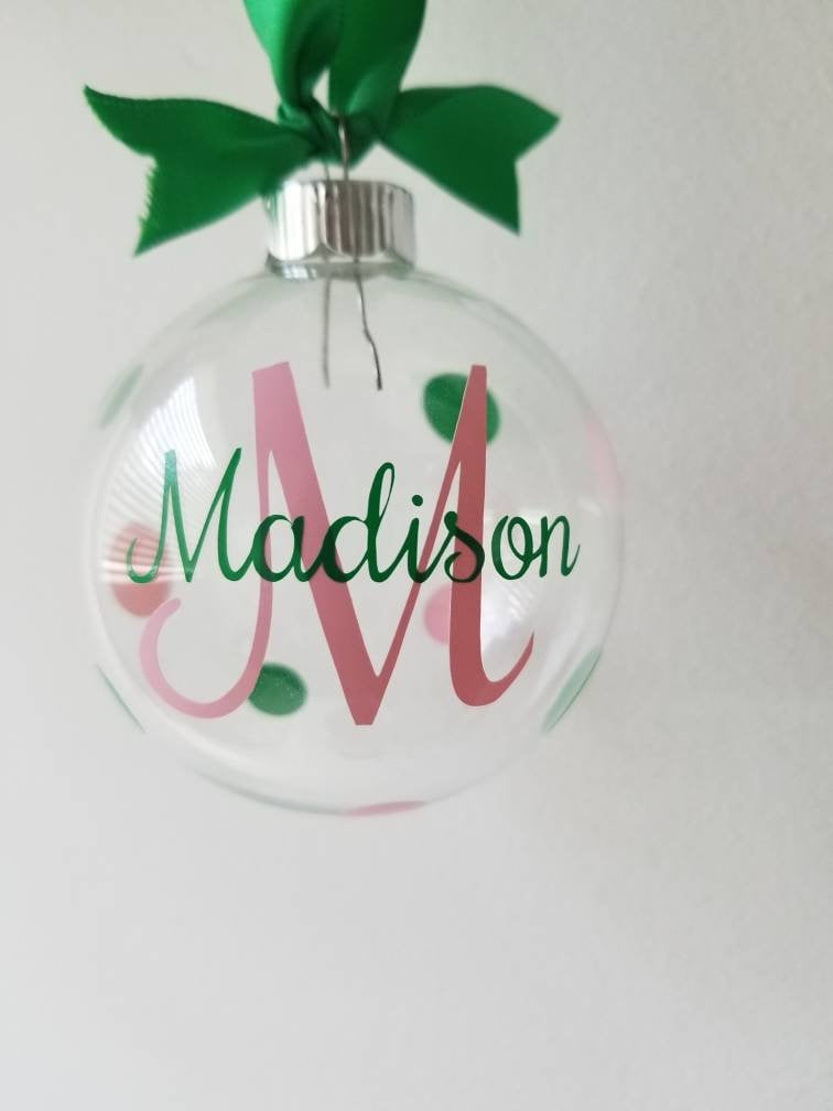 Personalized Glass Monogram Christmas Ornament - Custom Name & Initial Ball with Ribbon, FREE SHIPPING