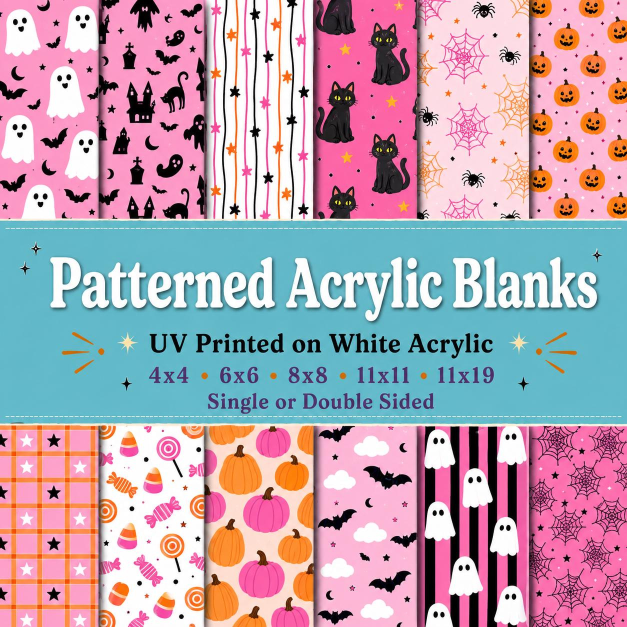 Pink Halloween Patterned Acrylic Blanks - UV Printed White Acrylic for Crafts Pink Halloween Patterned Acrylic Blanks - UV Printed White Acrylic for Crafts