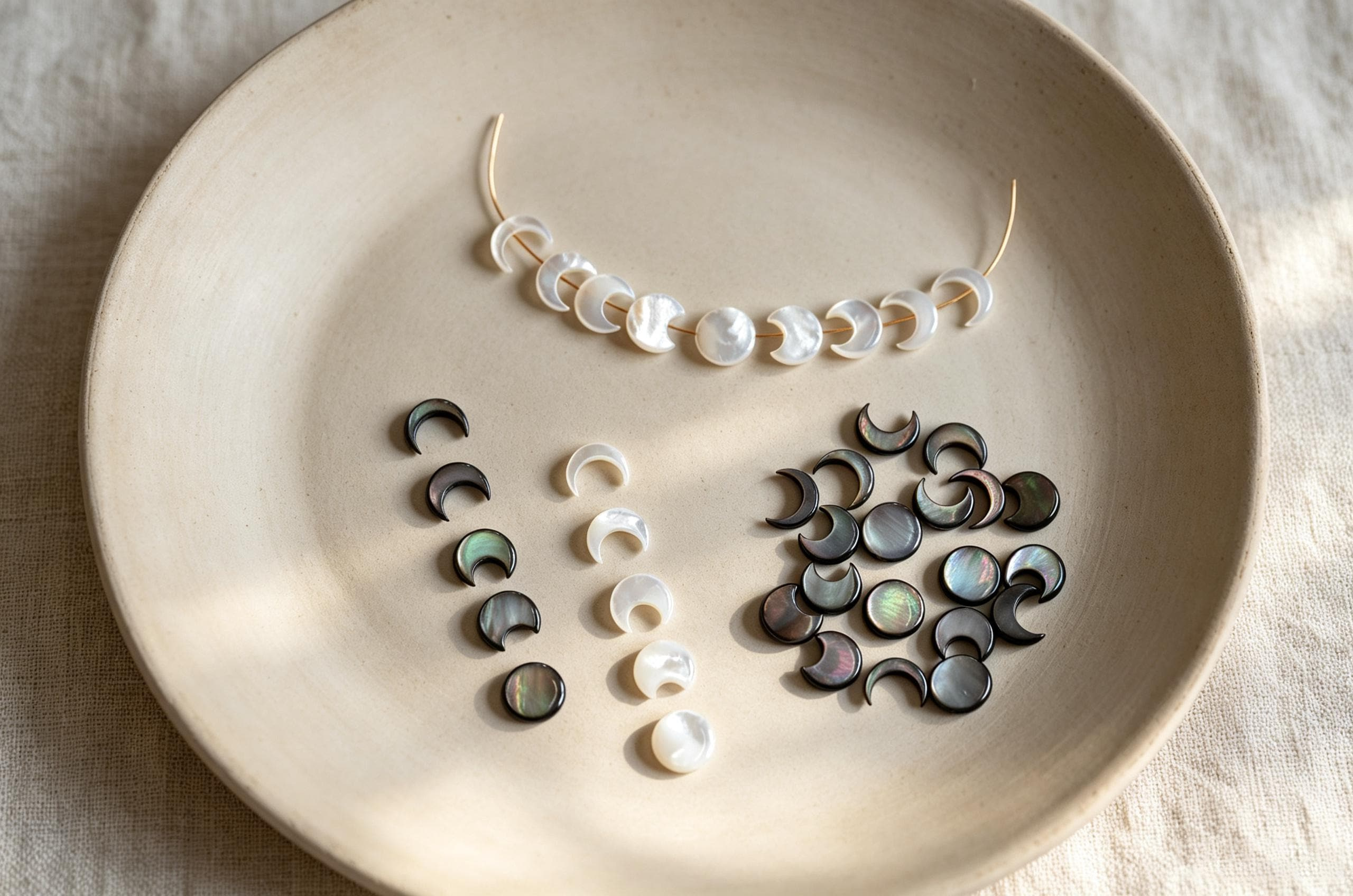 Moon Phase Mother of Pearl Beads, White/ Black MOP Shell Crescent Charms 12mm (BK-035) Moon Phase Mother of Pearl Beads, White/ Black MOP Shell Crescent Charms 12mm (BK-035)