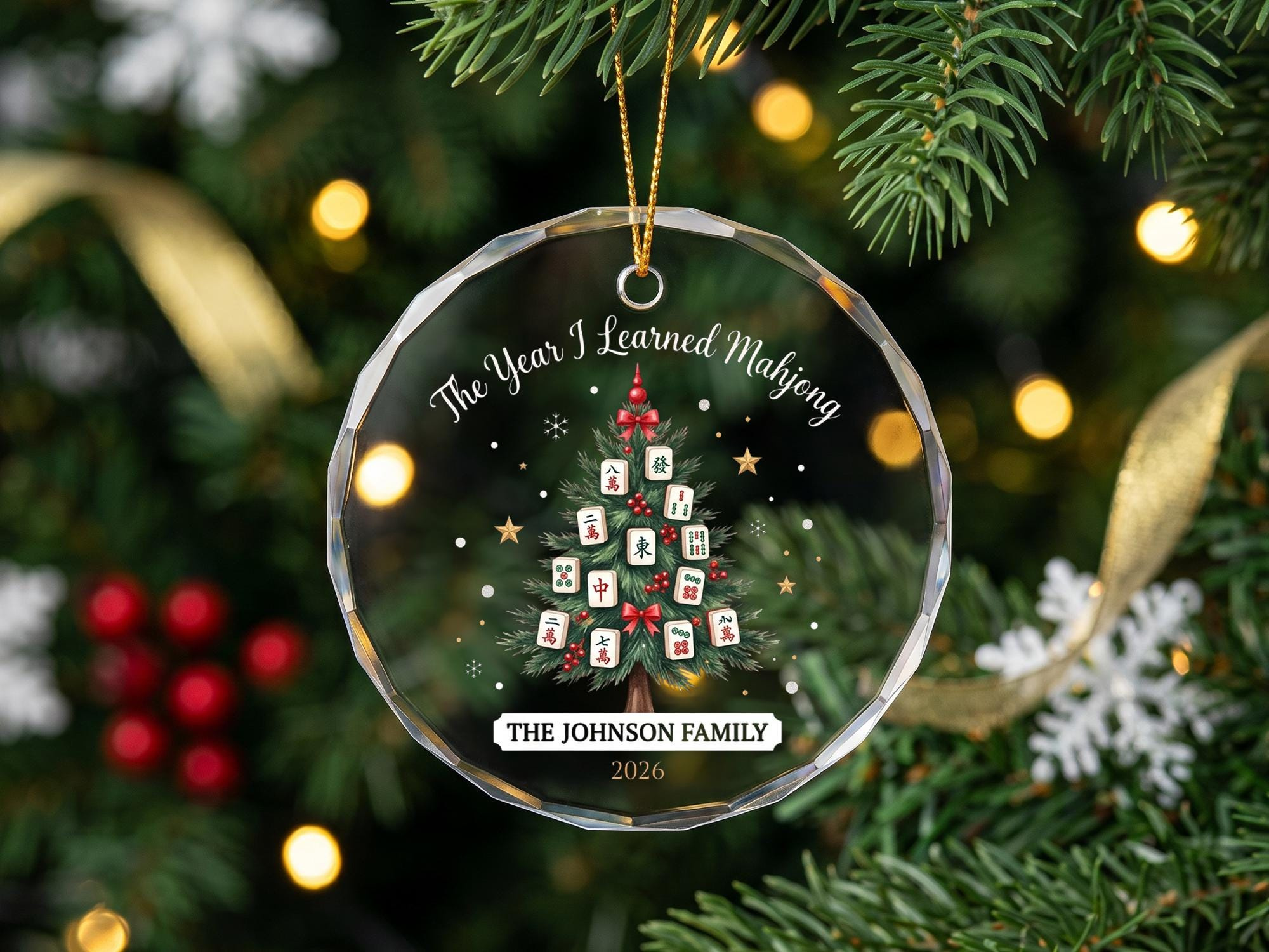 Custom Mahjong Glass Christmas Tree Ornament - Personalized Holiday Keepsake Family Tree Decoration