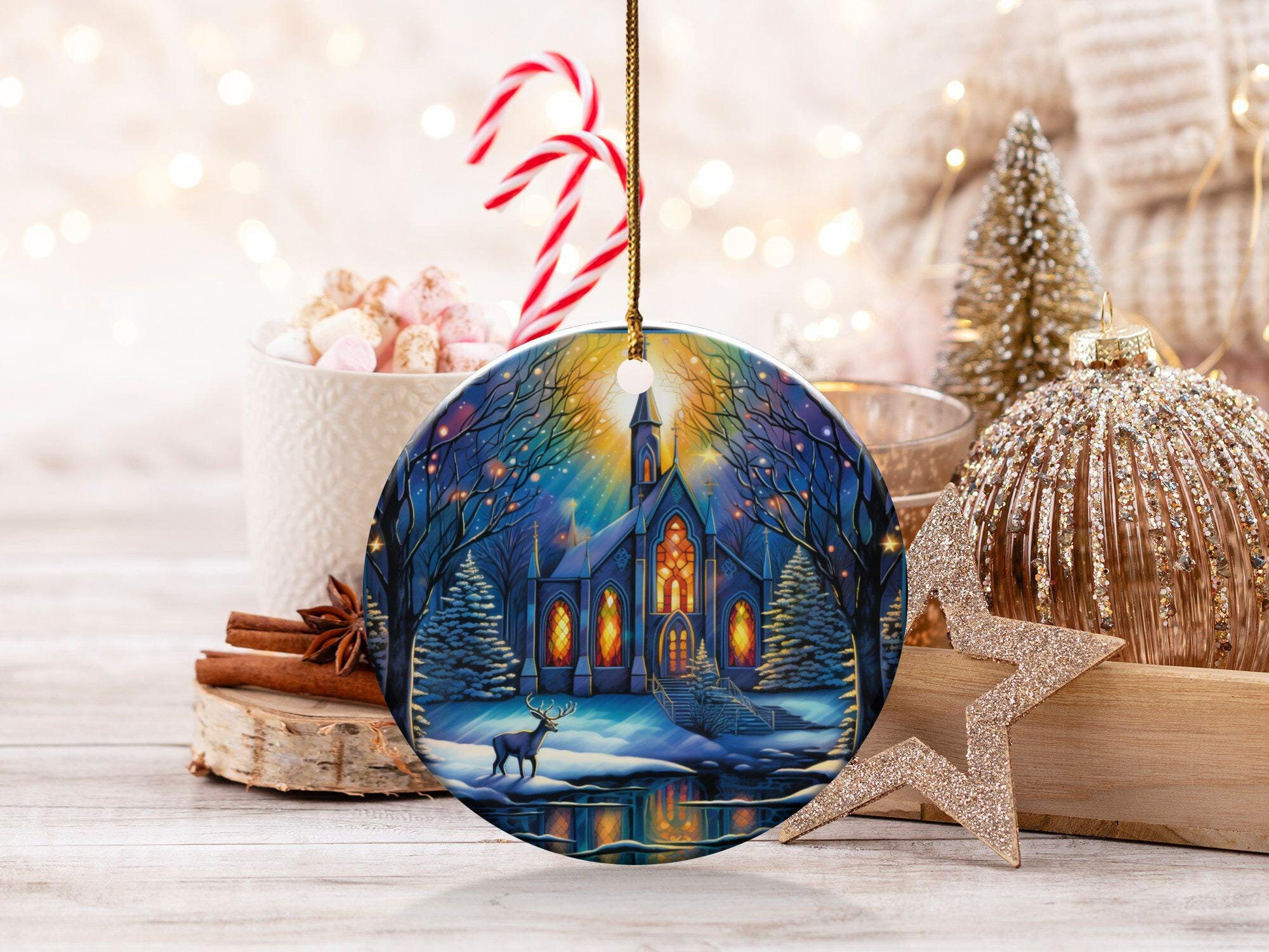 Winter Church Scene Ceramic Christmas Ornament - Snow Covered Chapel with Deer & Lights, Holiday Tree Decoration Winter Church Scene Ceramic Christmas Ornament - Snow Covered Chapel with Deer & Lights, Holiday Tree Decoration
