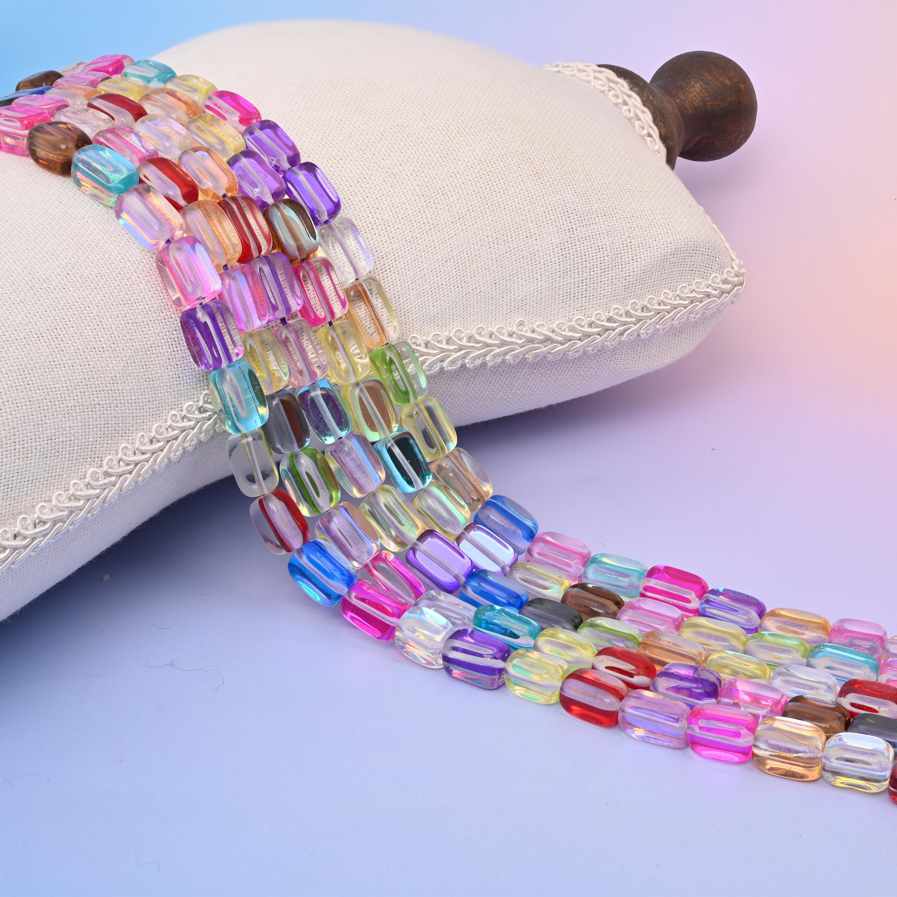 Rainbow Mystic Aura Rectangle Glass Tube Beads 10-12mm, Iridescent Glossy, 15 Inch Strand