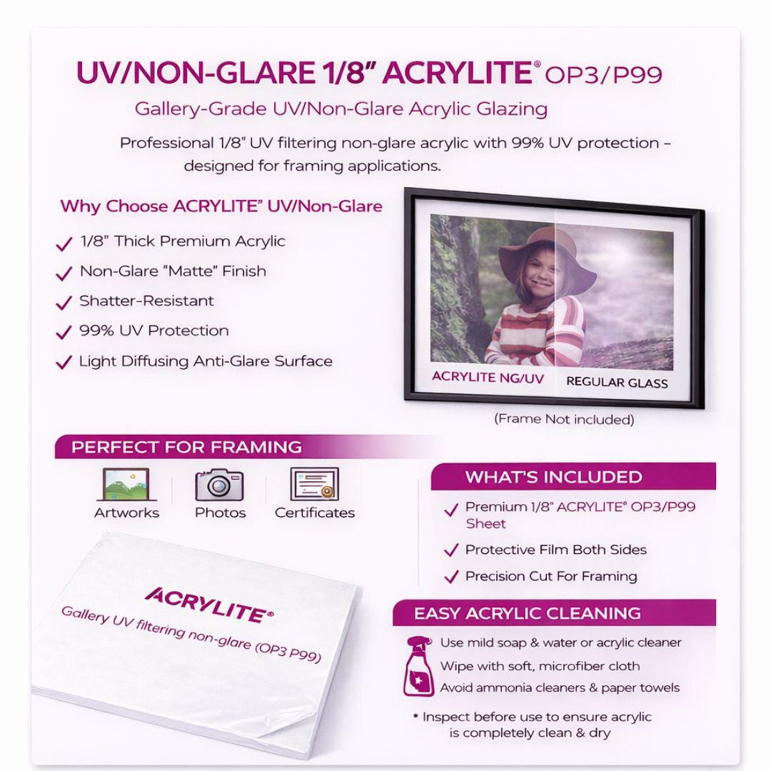 Custom-Cut Non-Glare Acrylic Glass Sheet for Picture Framing - UV Protection 1 - MeasureMason Custom-Cut Non-Glare Acrylic Glass Sheet for Picture Framing - UV Protection 1