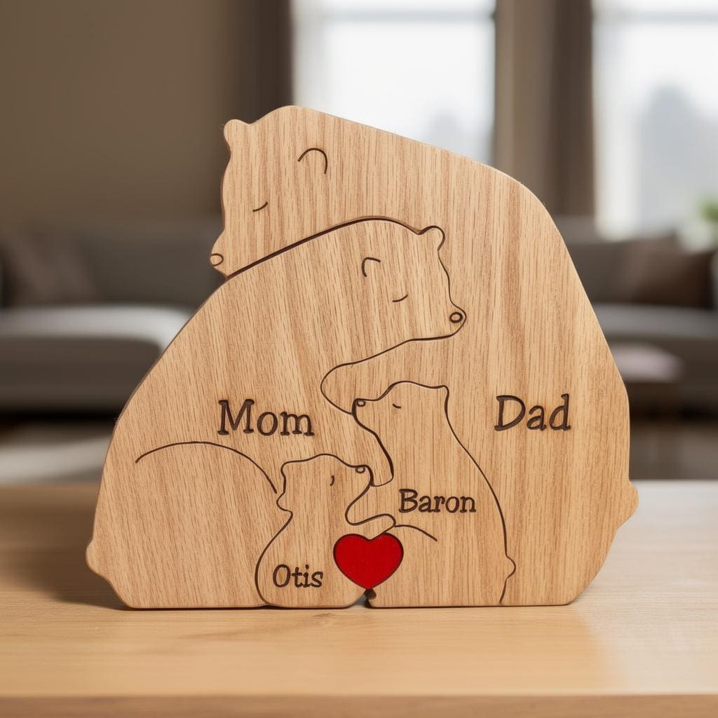 Personalized Wooden Bear Family Puzzle - Engraved Family Name Keepsake Ornament