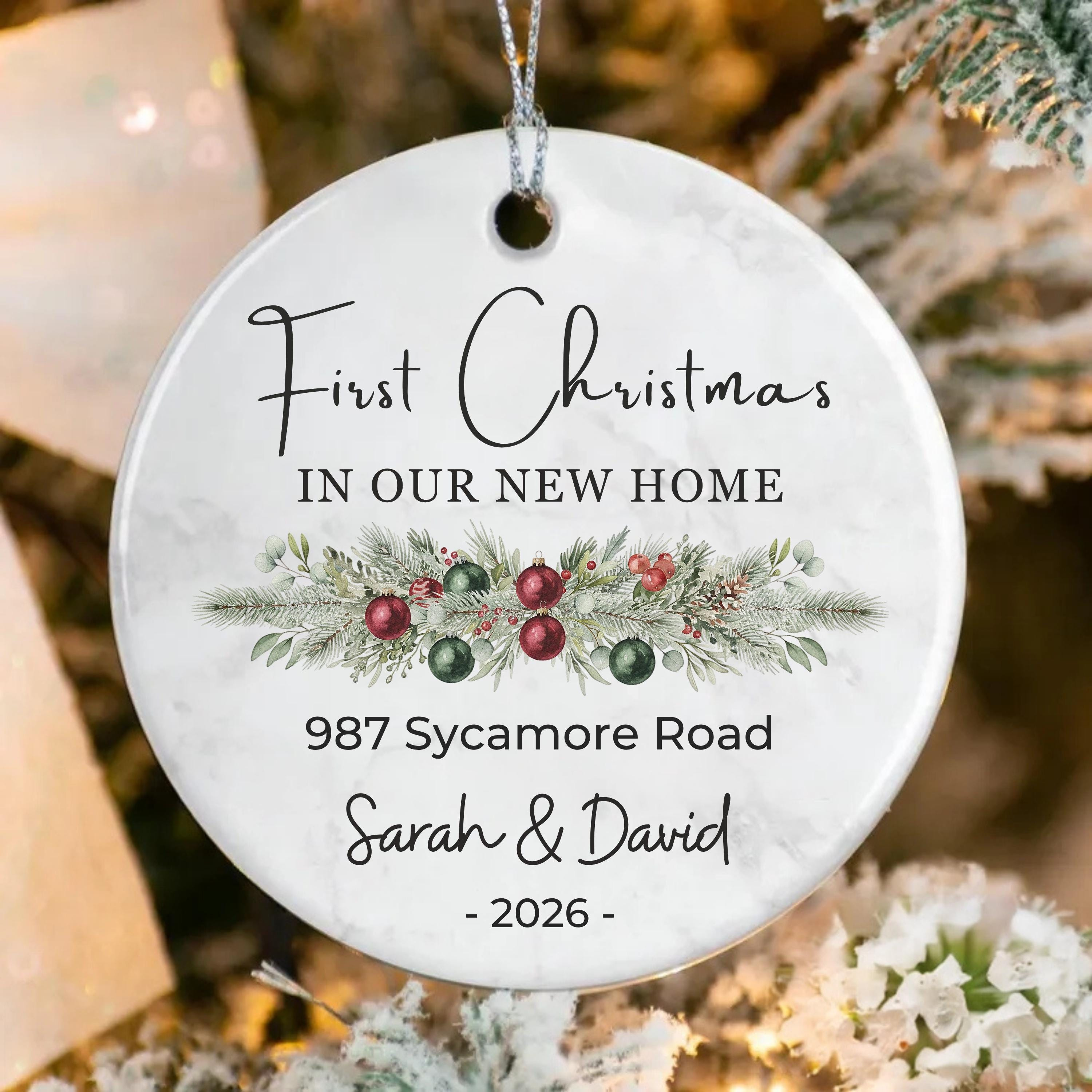 Personalized New Home Ornament - Custom Ceramic Christmas Decoration with Family Name & Address