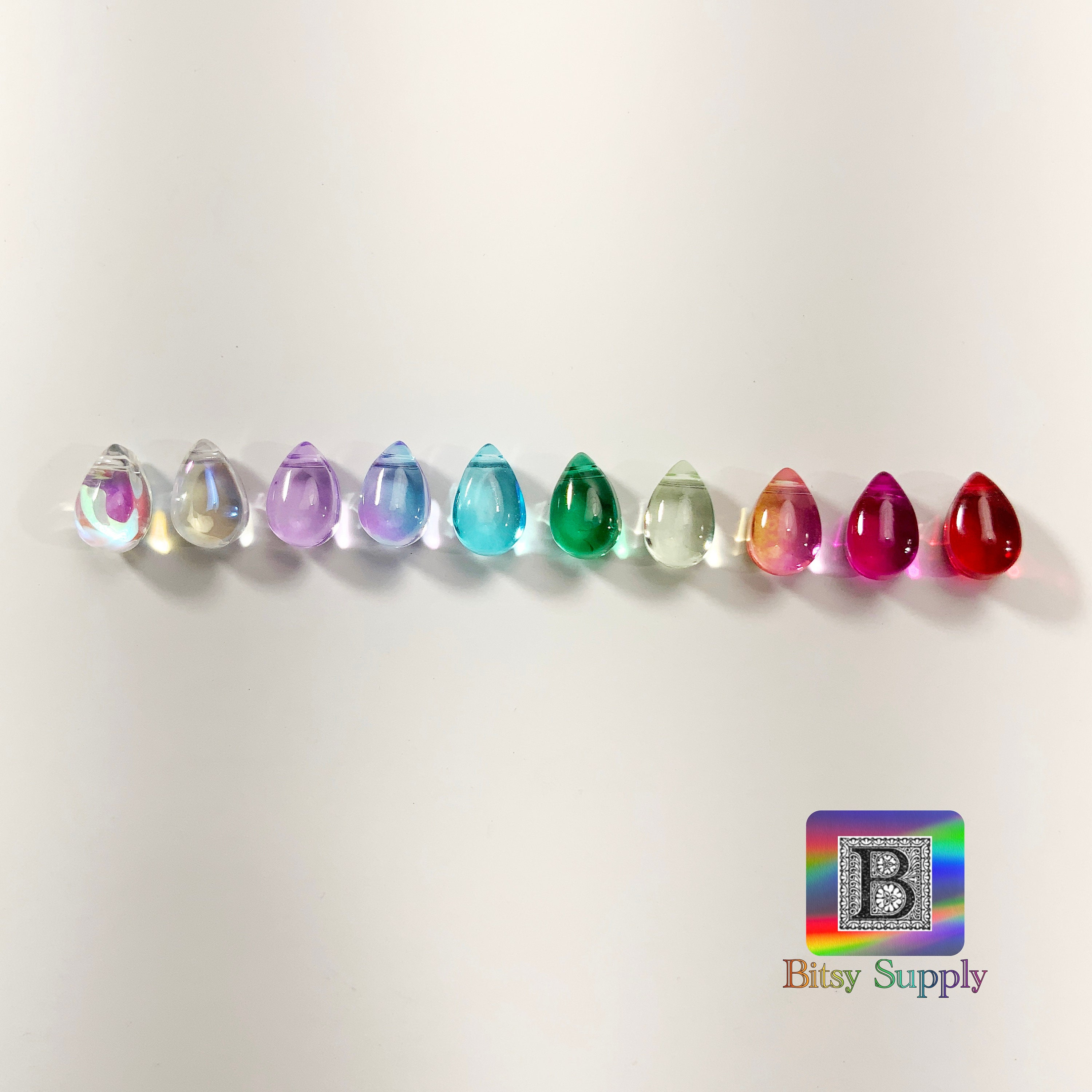 9x6mm Smooth Glass Teardrop Beads 50pcs - 12 Colors AB Coated Drops for Suncatchers, Polymer Clay Jewelry BG93