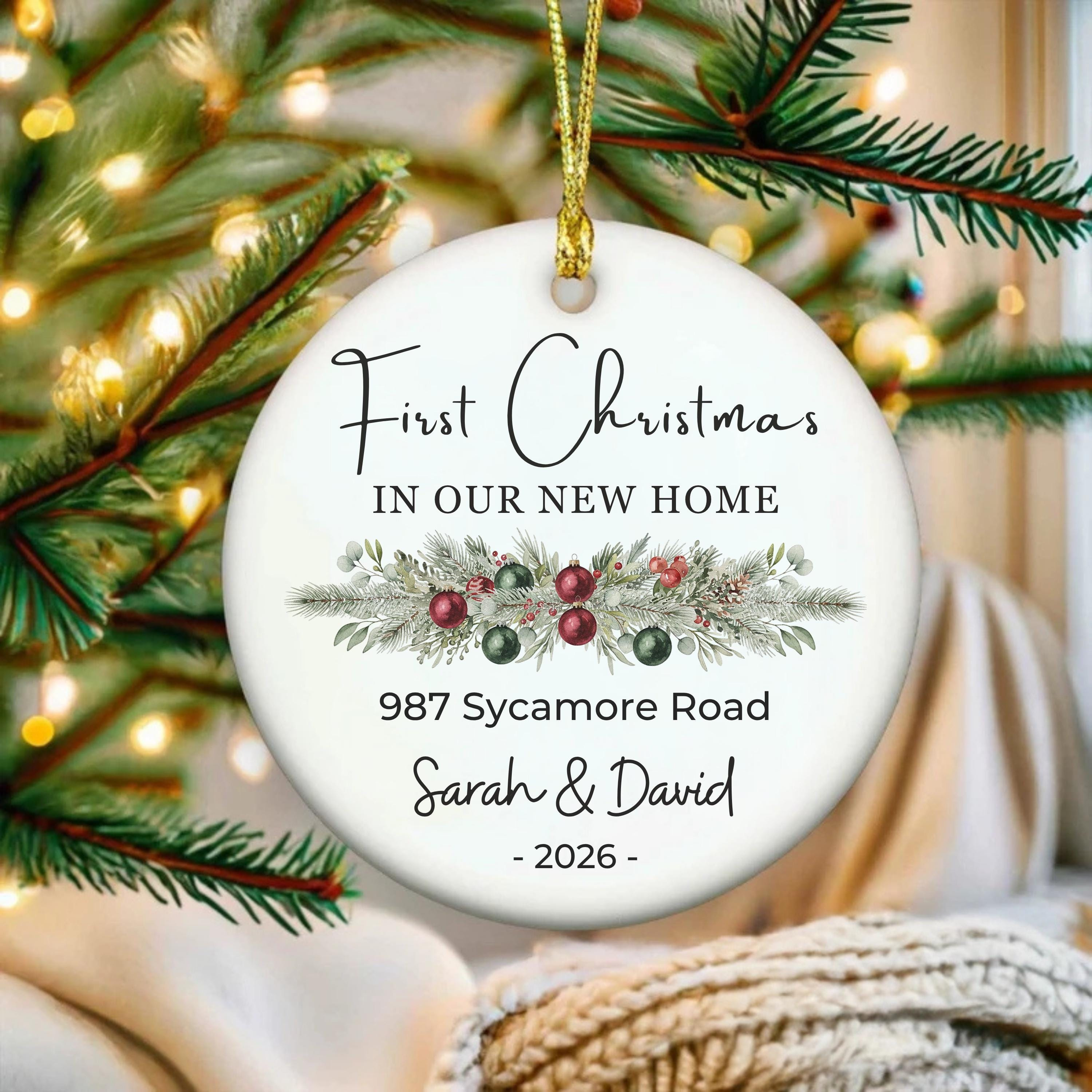 Personalized New Home Ornament - Custom Ceramic Christmas Decoration with Family Name & Address 2 - MeasureMason Personalized New Home Ornament - Custom Ceramic Christmas Decoration with Family Name & Address 2