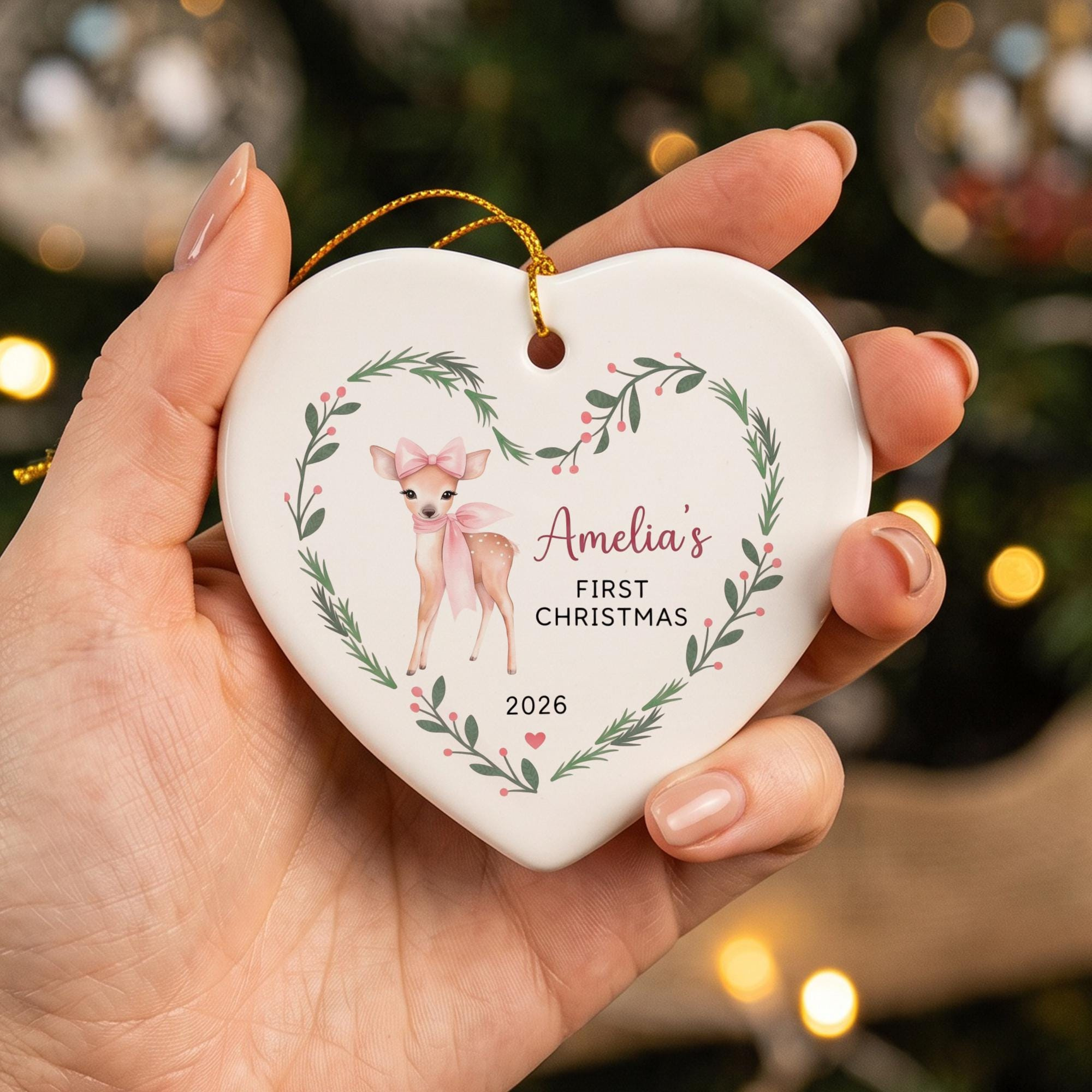 Personalized Ceramic Heart Baby's First Christmas Ornament - Custom Name Keepsake