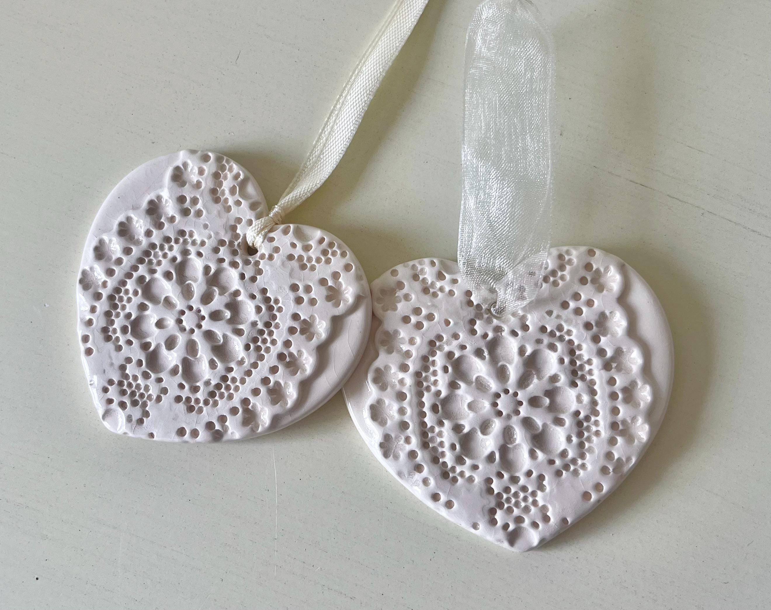 13th Anniversary Lace Heart Ornament, Handmade White Ceramic Wedding Keepsake, Pottery 1