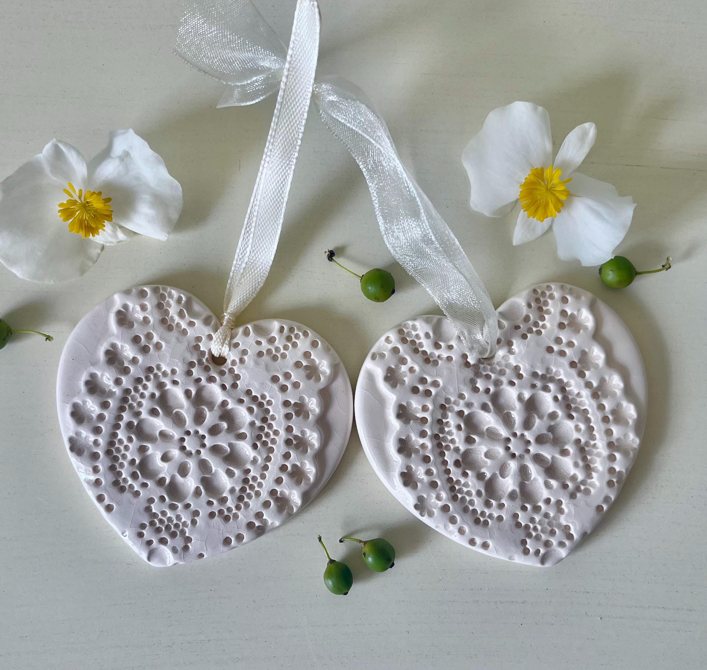 13th Anniversary Lace Heart Ornament, Handmade White Ceramic Wedding Keepsake, Pottery 13th Anniversary Lace Heart Ornament, Handmade White Ceramic Wedding Keepsake, Pottery