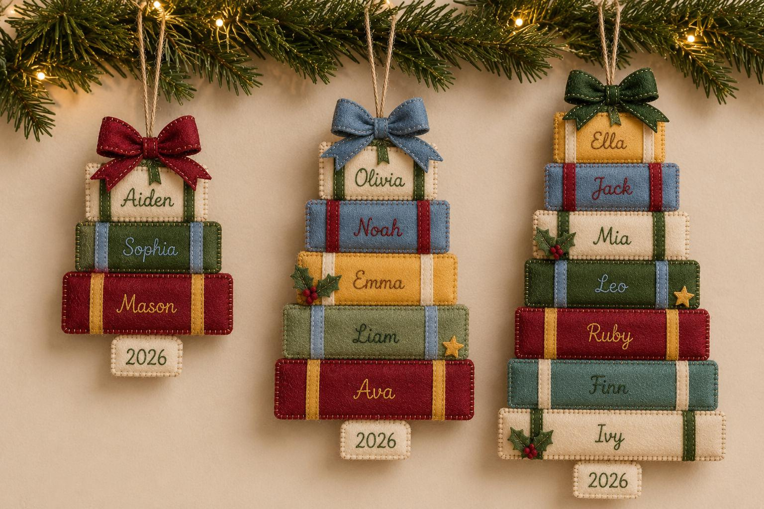 Personalized Family Christmas Ornament - Custom Name Felt Gift Stack with 3-7 Embroidered Names