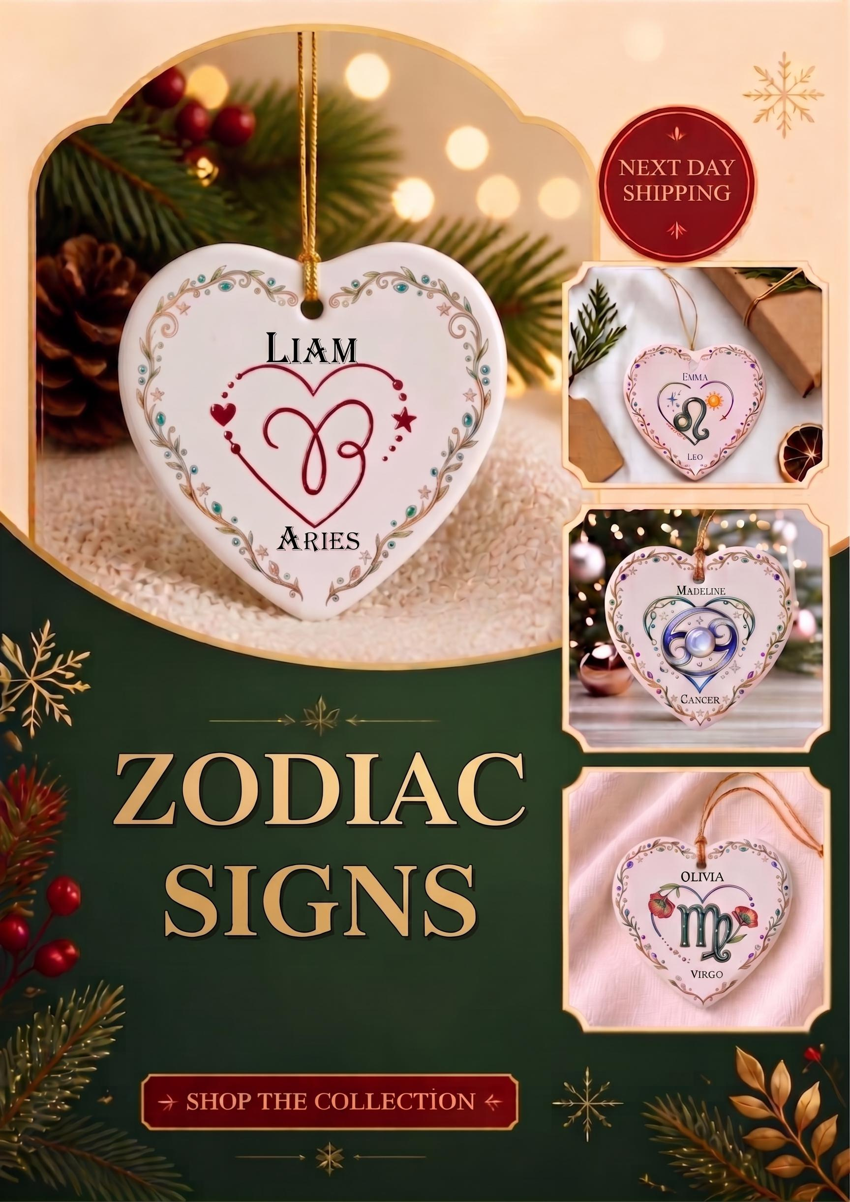 Personalized Zodiac Sign Heart Ornament - Custom Name Keepsake Gift Personalized Zodiac Sign Heart Ornament - Custom Name Keepsake Gift