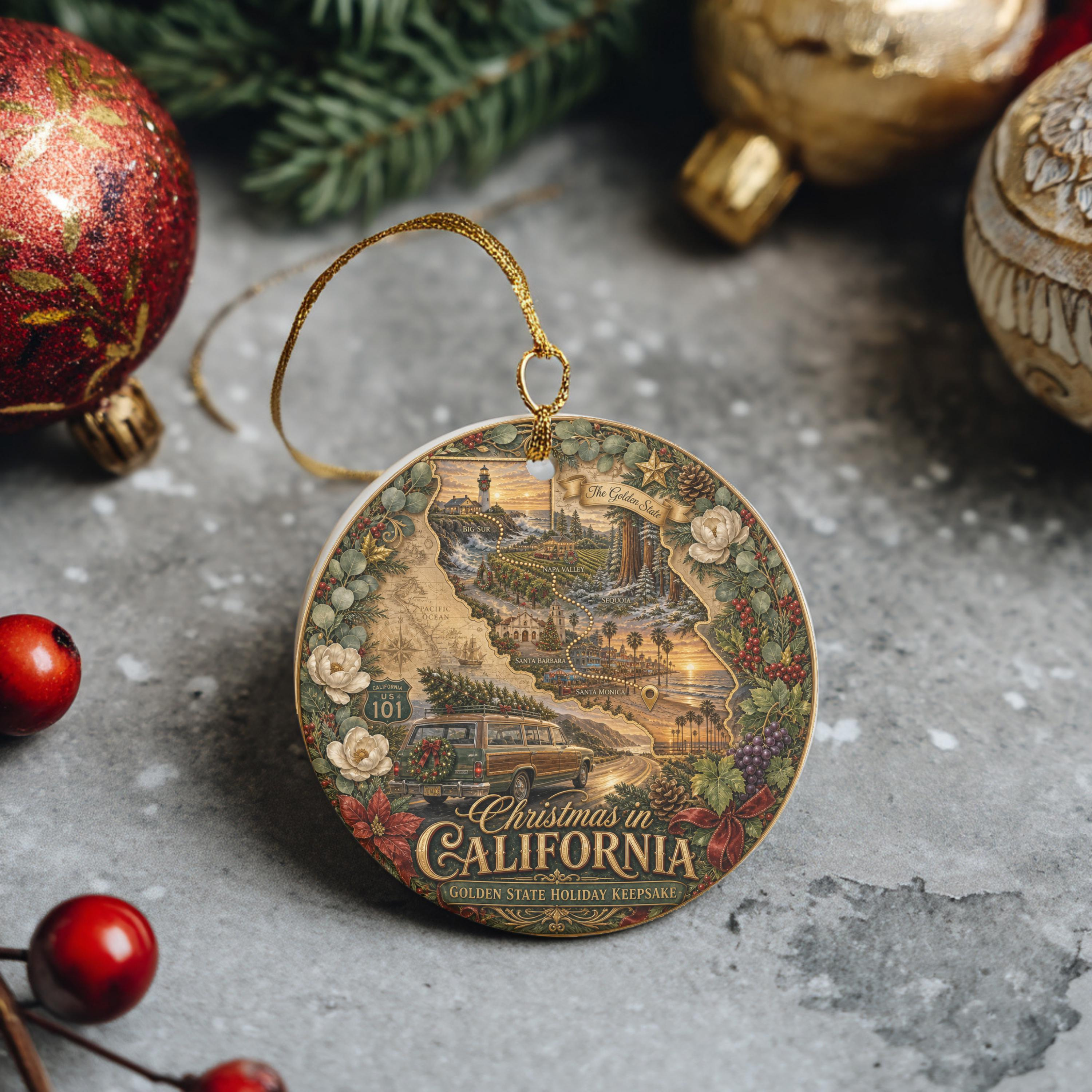 California Coastal Map & Woody Wagon Ceramic Christmas Ornament - 3 Inch Double-Sided Holiday Keepsake 3 - MeasureMason California Coastal Map & Woody Wagon Ceramic Christmas Ornament - 3 Inch Double-Sided Holiday Keepsake 3