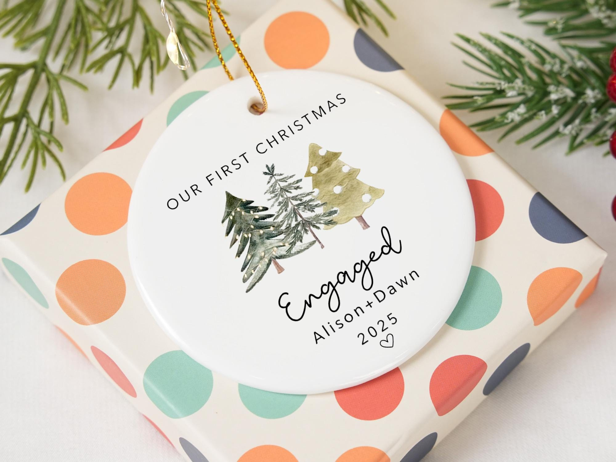 Personalized Ceramic Engagement Christmas Ornament - Custom Couple Keepsake Holiday Decor 3 - MeasureMason Personalized Ceramic Engagement Christmas Ornament - Custom Couple Keepsake Holiday Decor 3