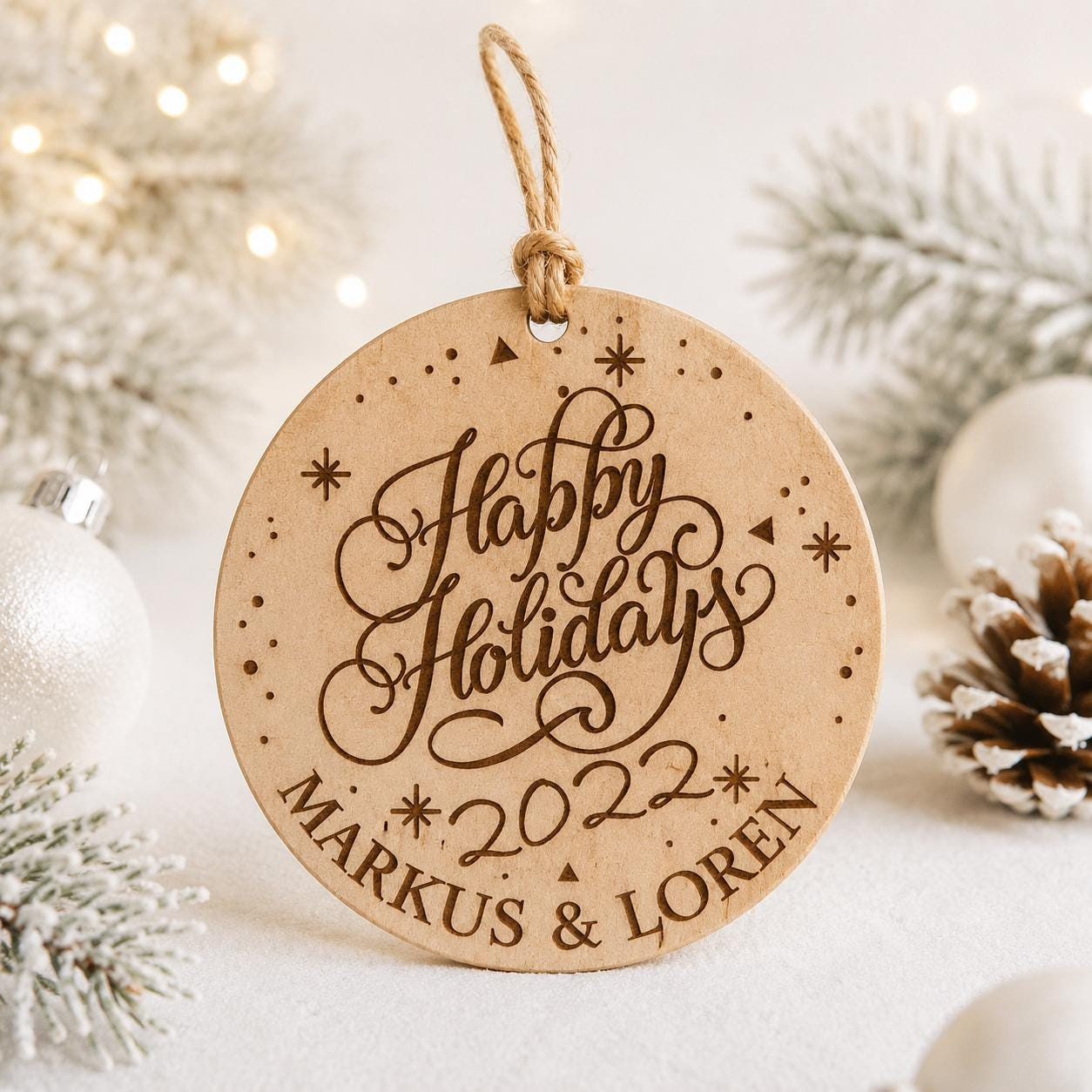 Personalized Beech Wood Christmas Ornament - Custom Engraved Rustic Holiday Keepsake
