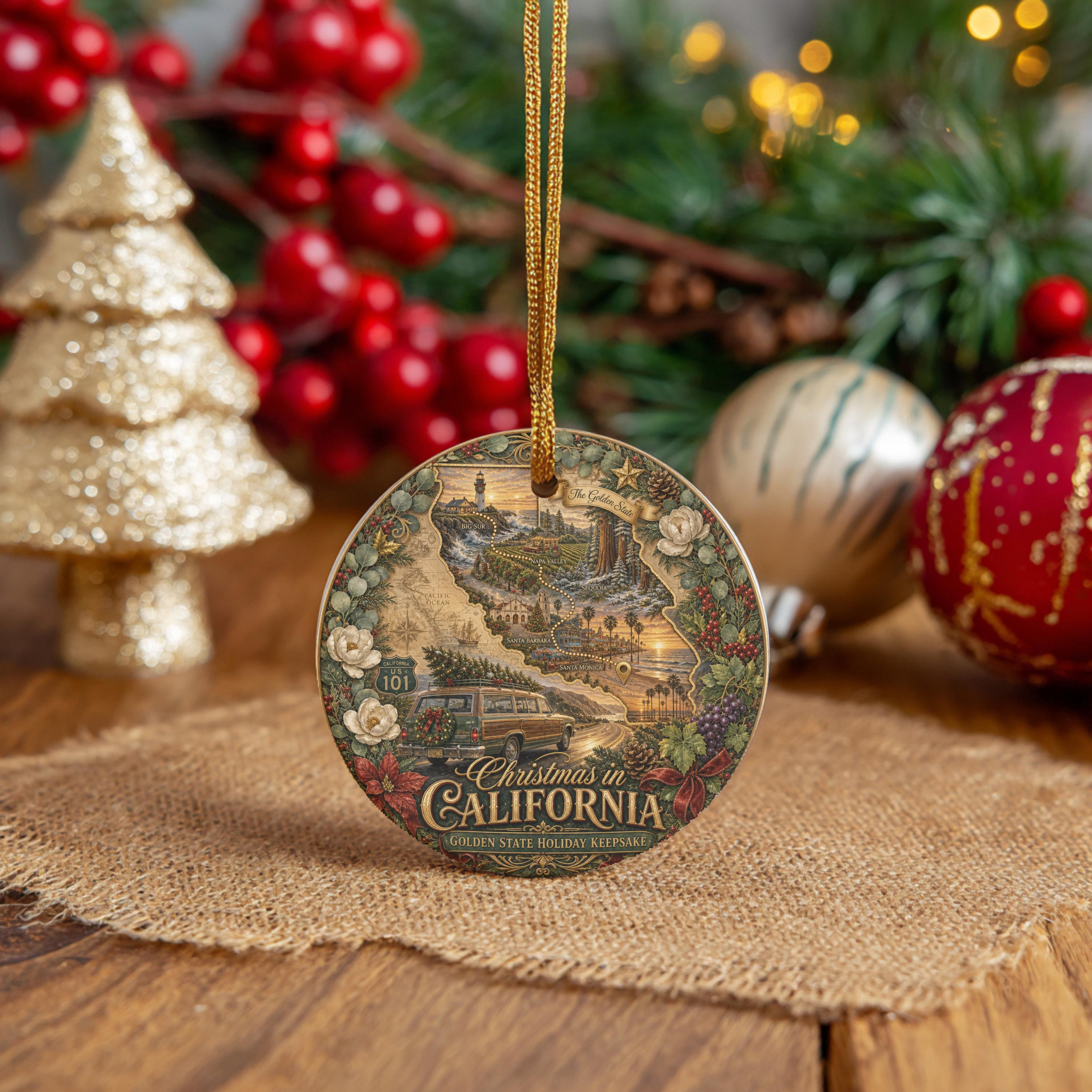 California Coastal Map & Woody Wagon Ceramic Christmas Ornament - 3 Inch Double-Sided Holiday Keepsake 2 - MeasureMason California Coastal Map & Woody Wagon Ceramic Christmas Ornament - 3 Inch Double-Sided Holiday Keepsake 2