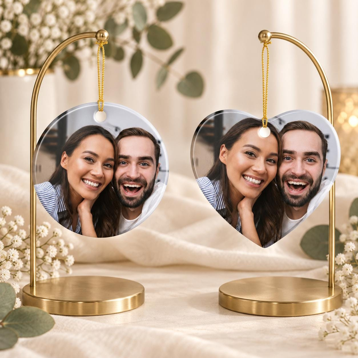 Personalized Engagement Ornament, Custom Couple Photo Keepsake, Heart or Circle Ceramic Ornament 2 - MeasureMason Personalized Engagement Ornament, Custom Couple Photo Keepsake, Heart or Circle Ceramic Ornament 2