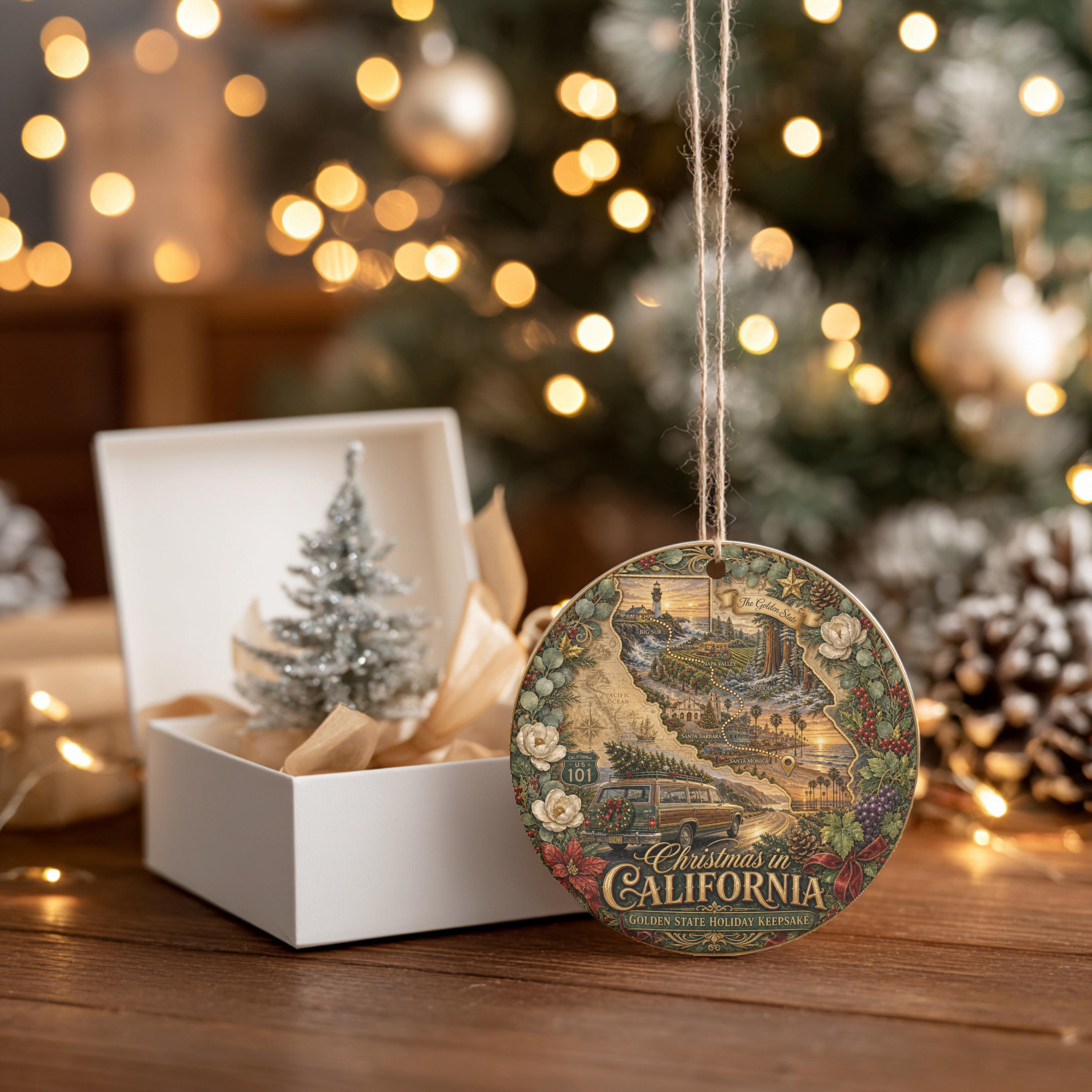 California Coastal Map & Woody Wagon Ceramic Christmas Ornament - 3 Inch Double-Sided Holiday Keepsake 4 - MeasureMason California Coastal Map & Woody Wagon Ceramic Christmas Ornament - 3 Inch Double-Sided Holiday Keepsake 4