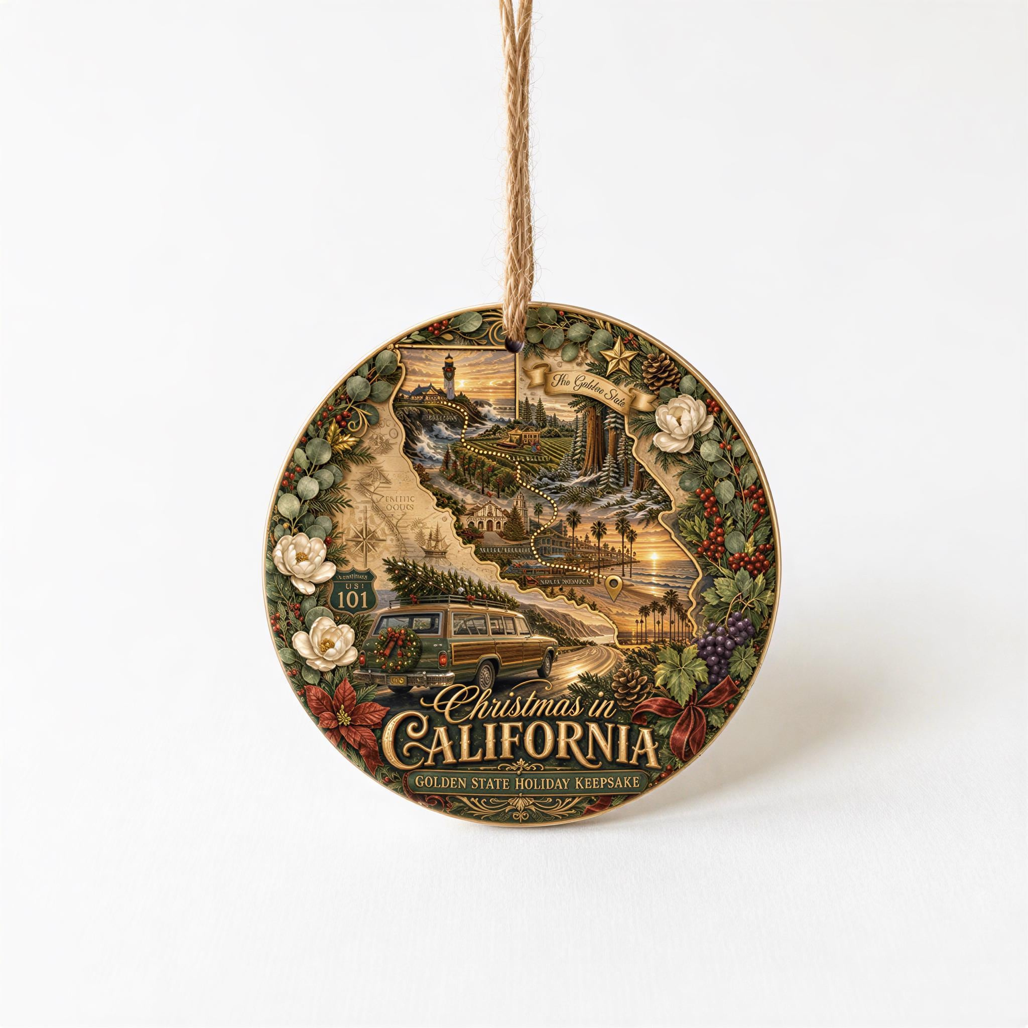 California Coastal Map & Woody Wagon Ceramic Christmas Ornament - 3 Inch Double-Sided Holiday Keepsake California Coastal Map & Woody Wagon Ceramic Christmas Ornament - 3 Inch Double-Sided Holiday Keepsake