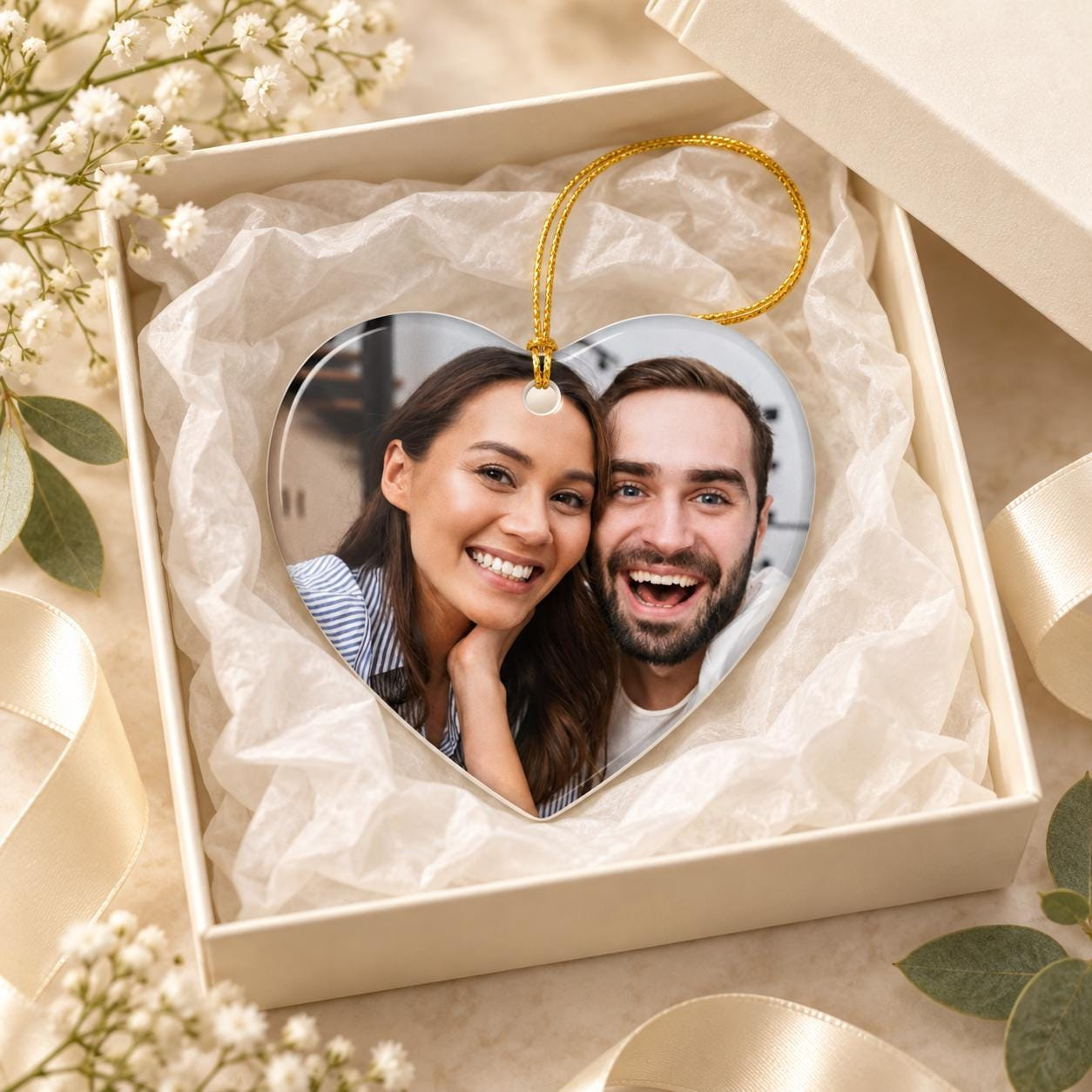 Personalized Engagement Ornament, Custom Couple Photo Keepsake, Heart or Circle Ceramic Ornament 1 - MeasureMason Personalized Engagement Ornament, Custom Couple Photo Keepsake, Heart or Circle Ceramic Ornament 1