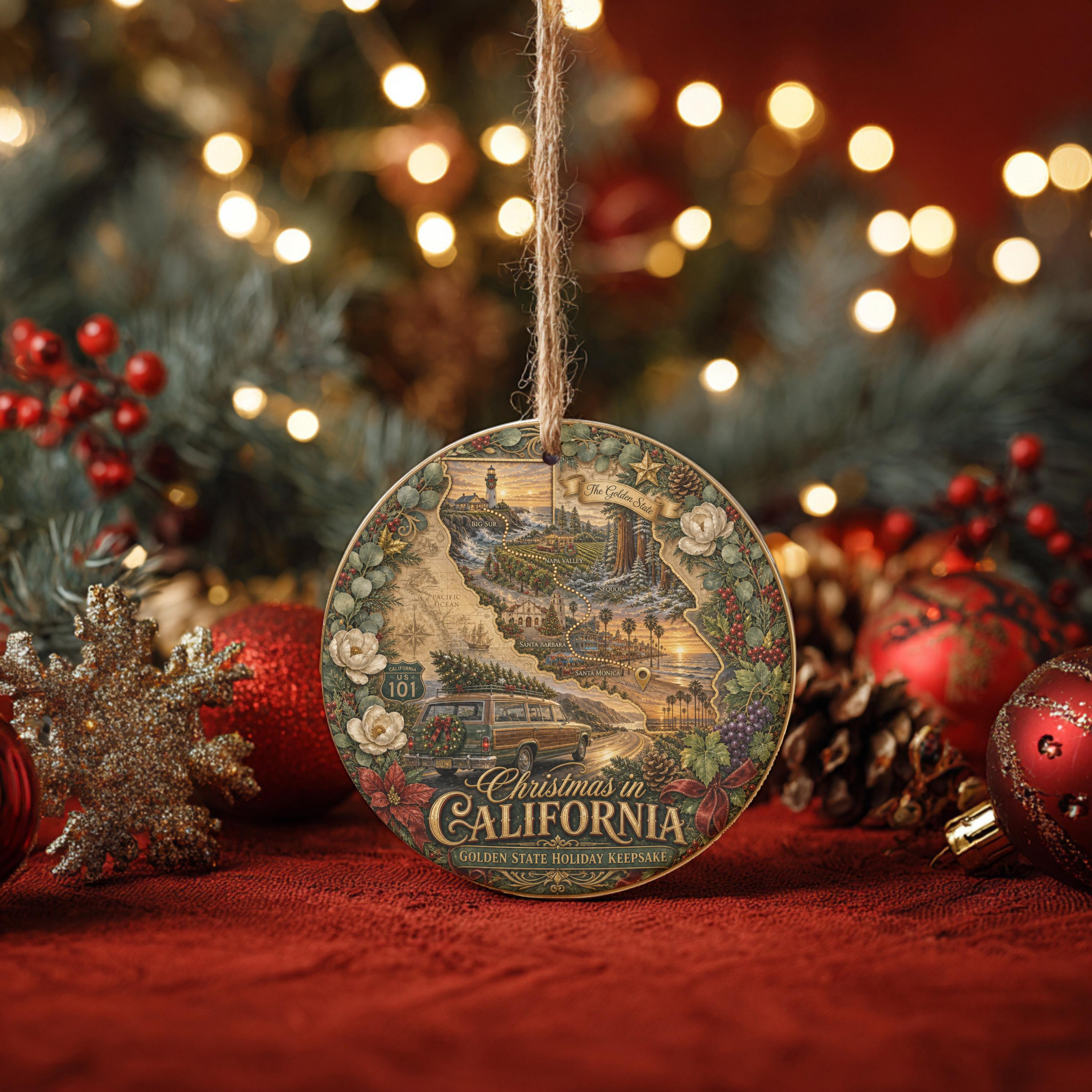 California Coastal Map & Woody Wagon Ceramic Christmas Ornament - 3 Inch Double-Sided Holiday Keepsake 1 - MeasureMason California Coastal Map & Woody Wagon Ceramic Christmas Ornament - 3 Inch Double-Sided Holiday Keepsake 1