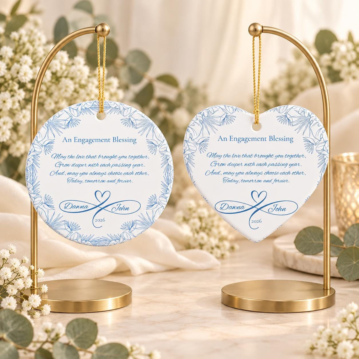 Personalized Engagement Ornament, Custom Couple Photo Keepsake, Heart or Circle Ceramic Ornament