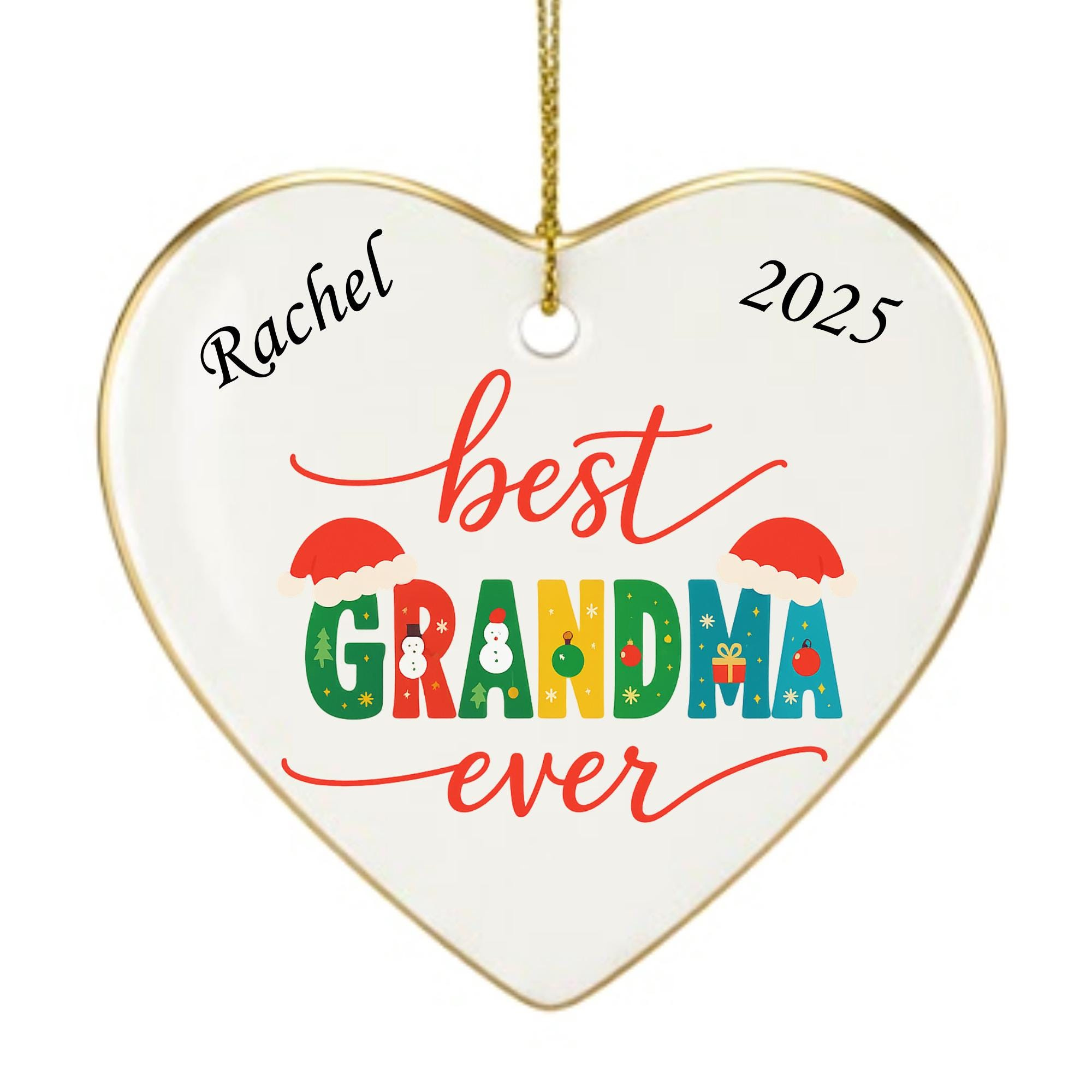 Personalized Grandma Christmas Ornament - Heart-Shaped Ceramic Keepsake with Name & Year