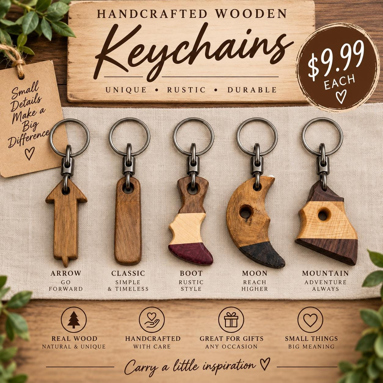 Handcrafted Wooden Keychain with Durable Metal Ring Handcrafted Wooden Keychain with Durable Metal Ring
