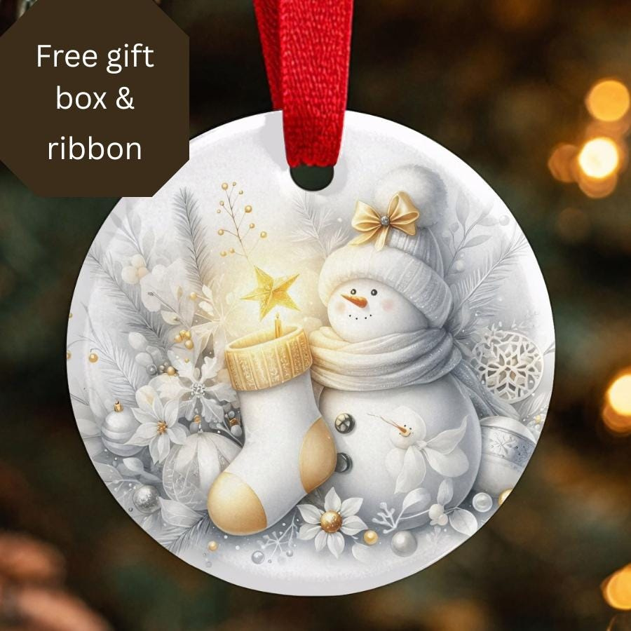 White and Gold Round Snowman with Stocking Ceramic Christmas Ornament 3x3 White and Gold Round Snowman with Stocking Ceramic Christmas Ornament 3x3