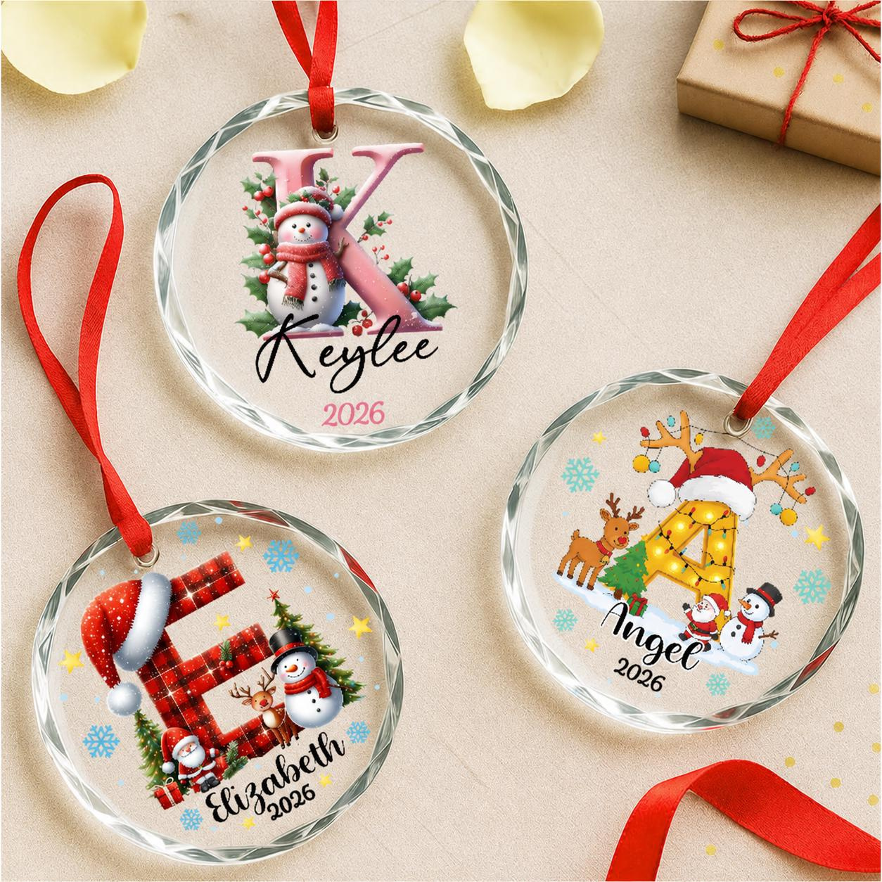 Personalized Snowman Glass Christmas Ornament for Kids with Custom Name and Initial