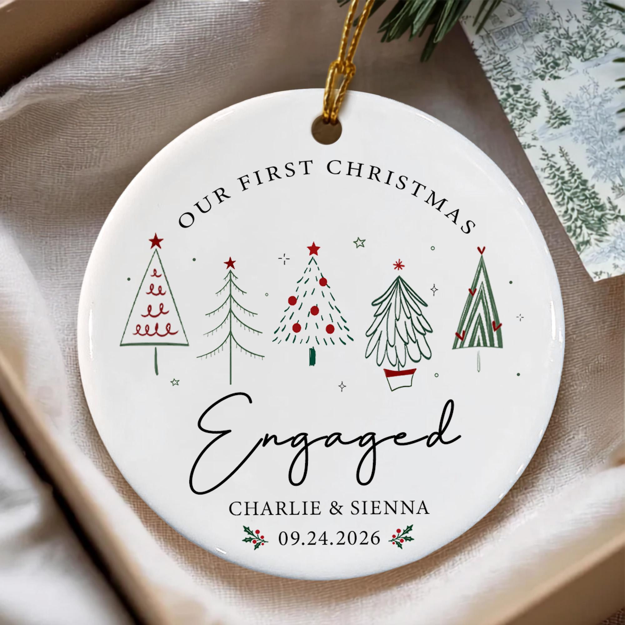 Personalized Our First Christmas Engaged Keepsake Circle Ceramic Ornament 1 - MeasureMason Personalized Our First Christmas Engaged Keepsake Circle Ceramic Ornament 1