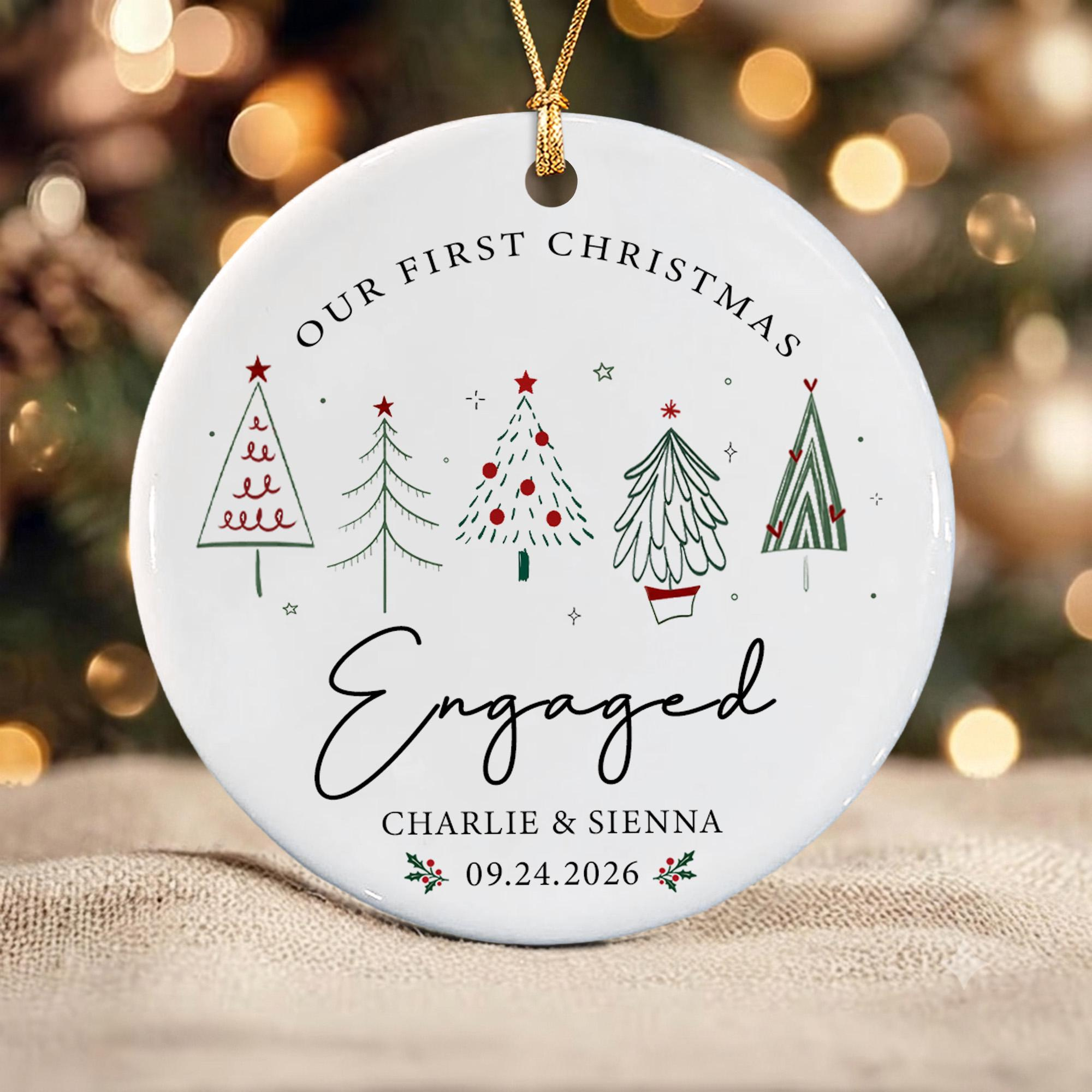 Personalized Our First Christmas Engaged Keepsake Circle Ceramic Ornament Personalized Our First Christmas Engaged Keepsake Circle Ceramic Ornament