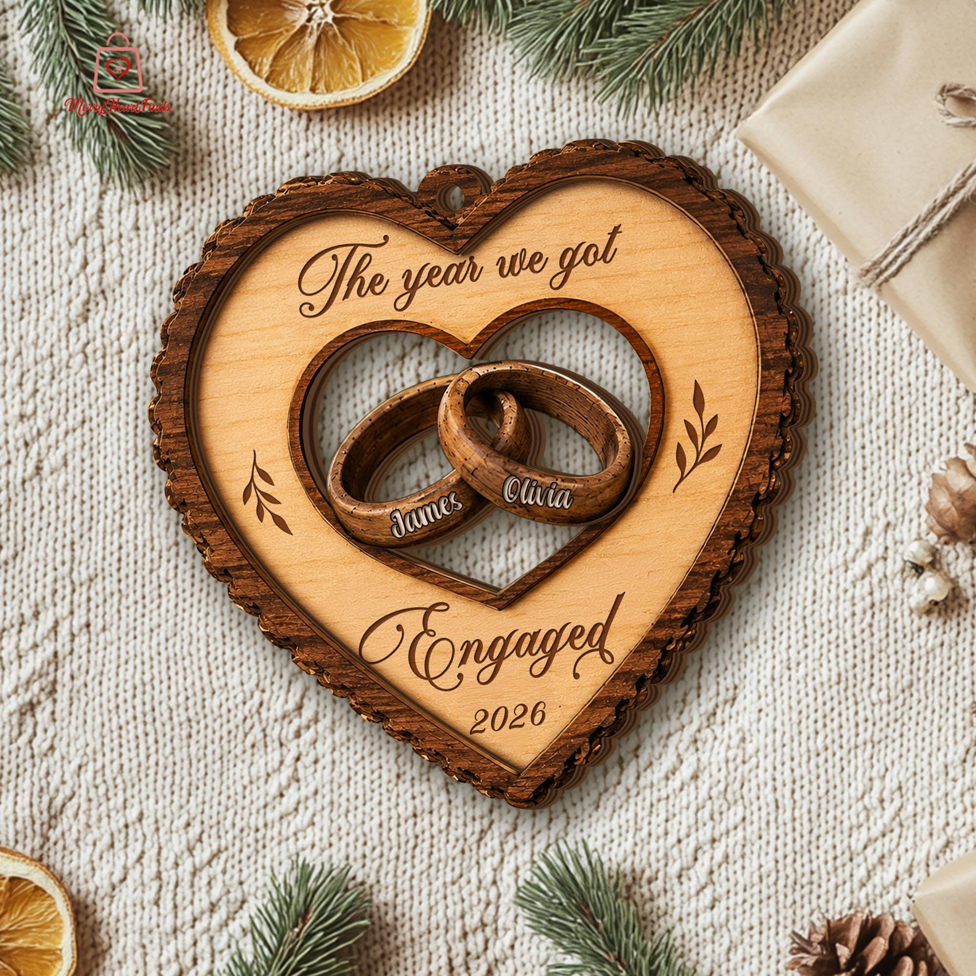 Personalized Wooden Engagement Ornament – Custom Couple Keepsake for Christmas Tree Display 2 - MeasureMason Personalized Wooden Engagement Ornament – Custom Couple Keepsake for Christmas Tree Display 2