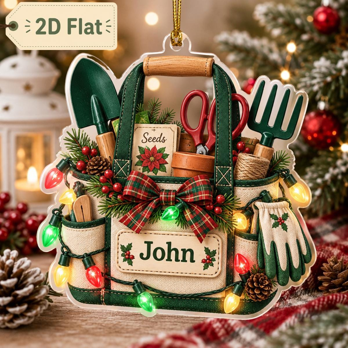 Custom Name Gardening Lover Christmas Ornament 2026 - 2D Flat Acrylic Wooden Decor - Plant Mom Garden Tool Keepsake Gift